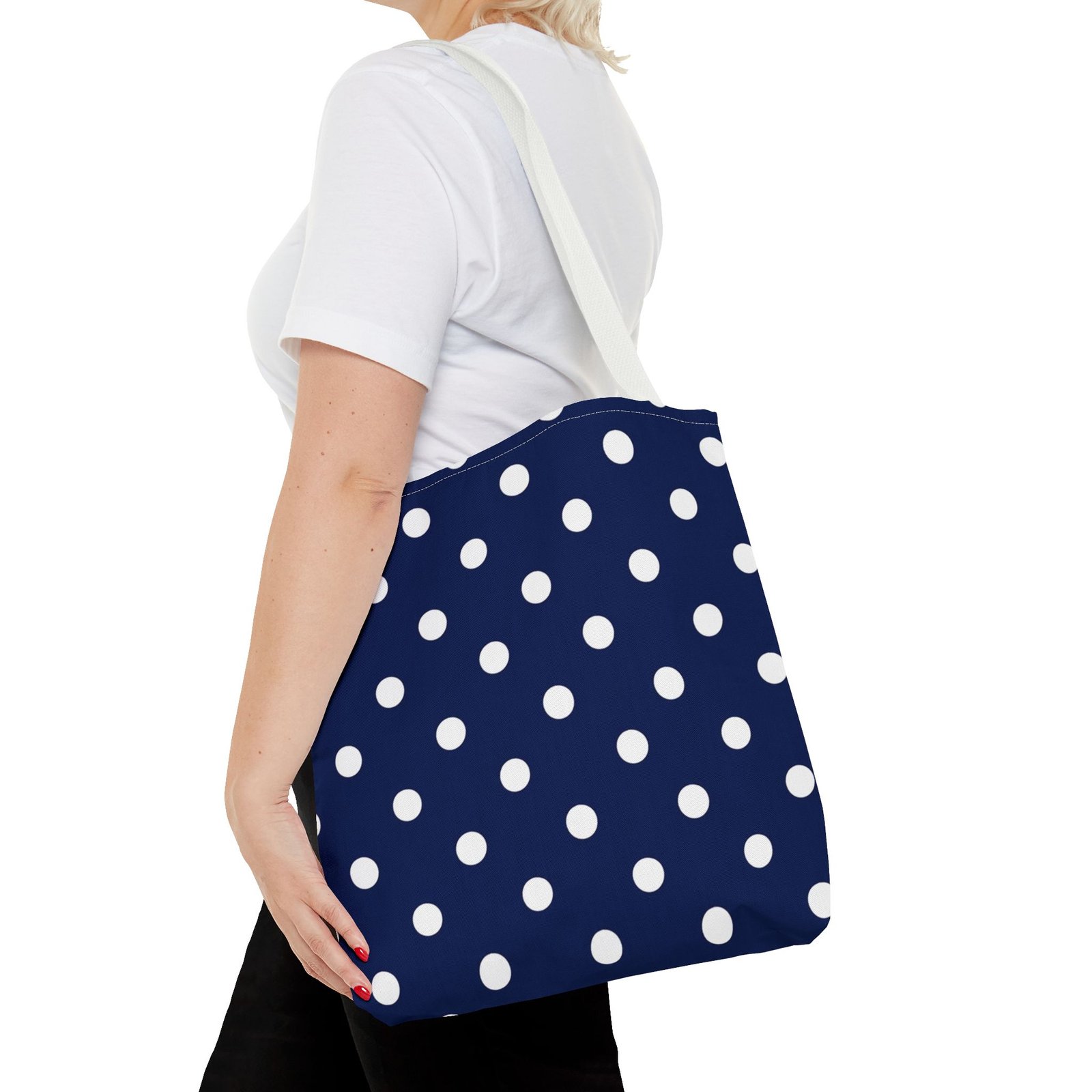 Navy Polka Dot Tote Bag | White Dots All Over Pattern - Image 19