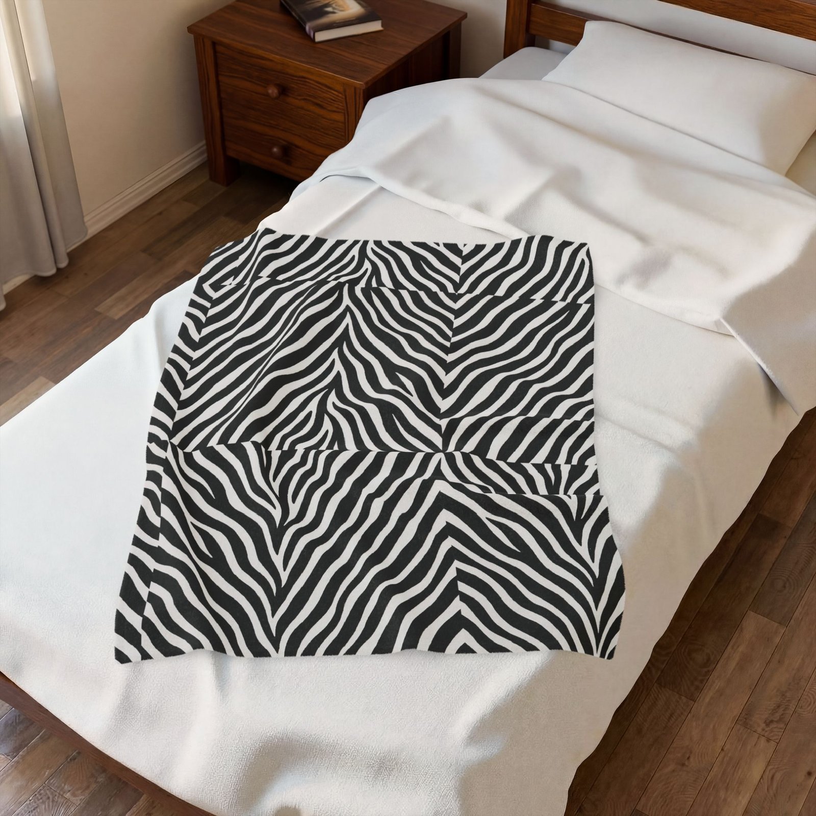 Zebra Stripe Pattern Velveteen Plush Blanket | Black White Animal Print - Image 11