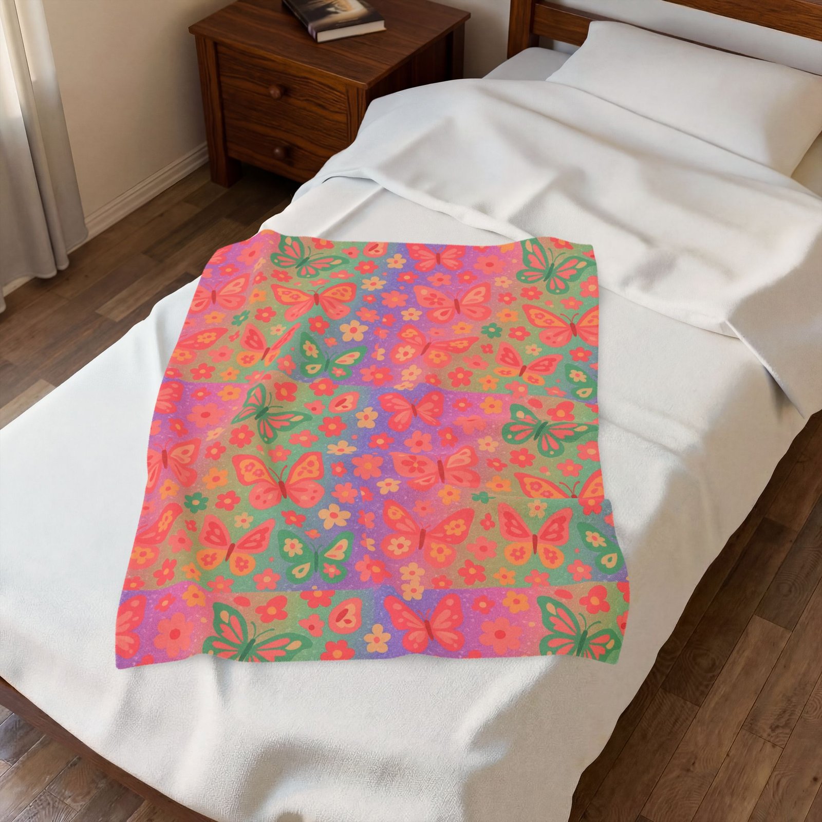 Butterfly Pattern Velveteen Plush Blanket | Pink Orange Floral Throw - Image 11