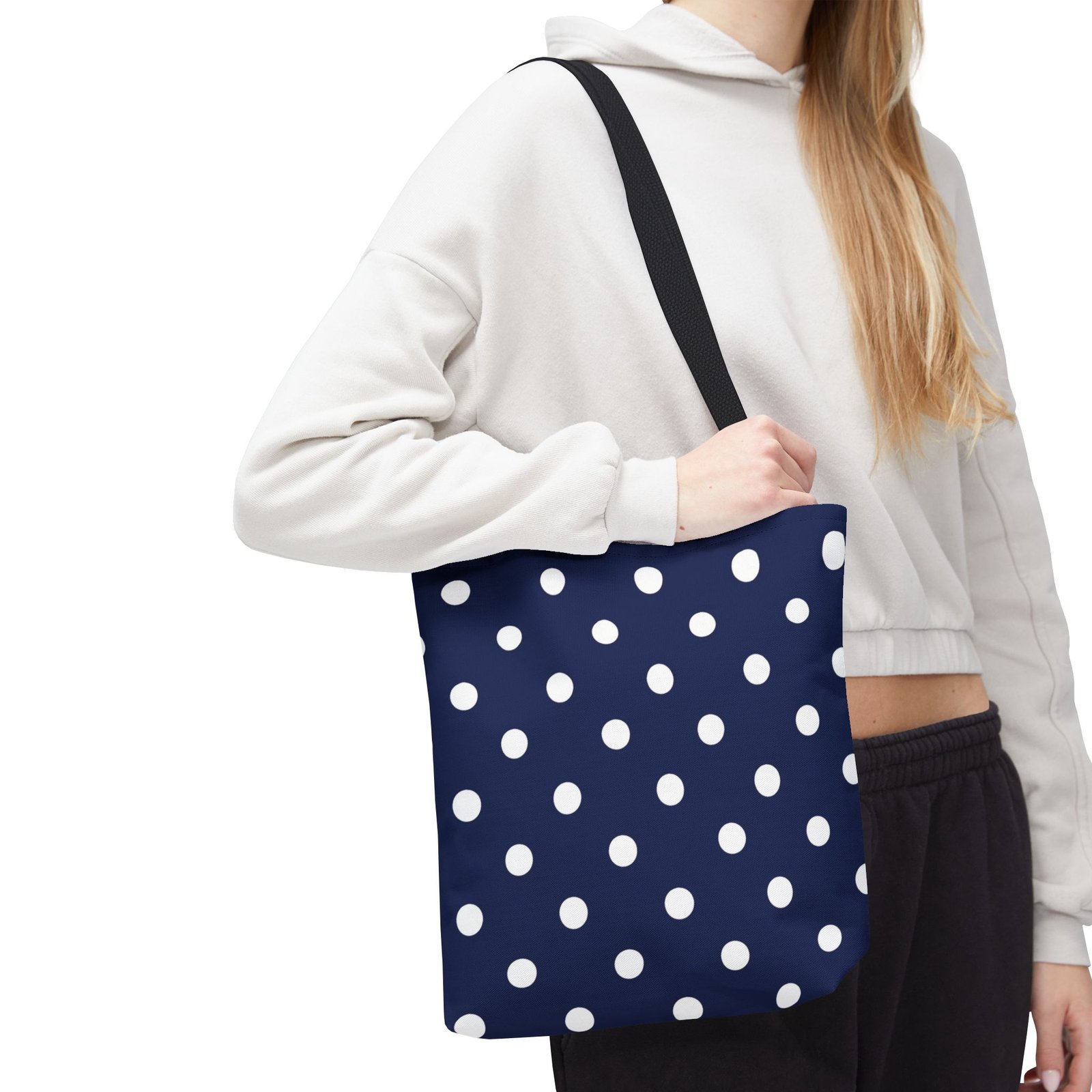 Navy Polka Dot Tote Bag | White Dots All Over Pattern - Image 12