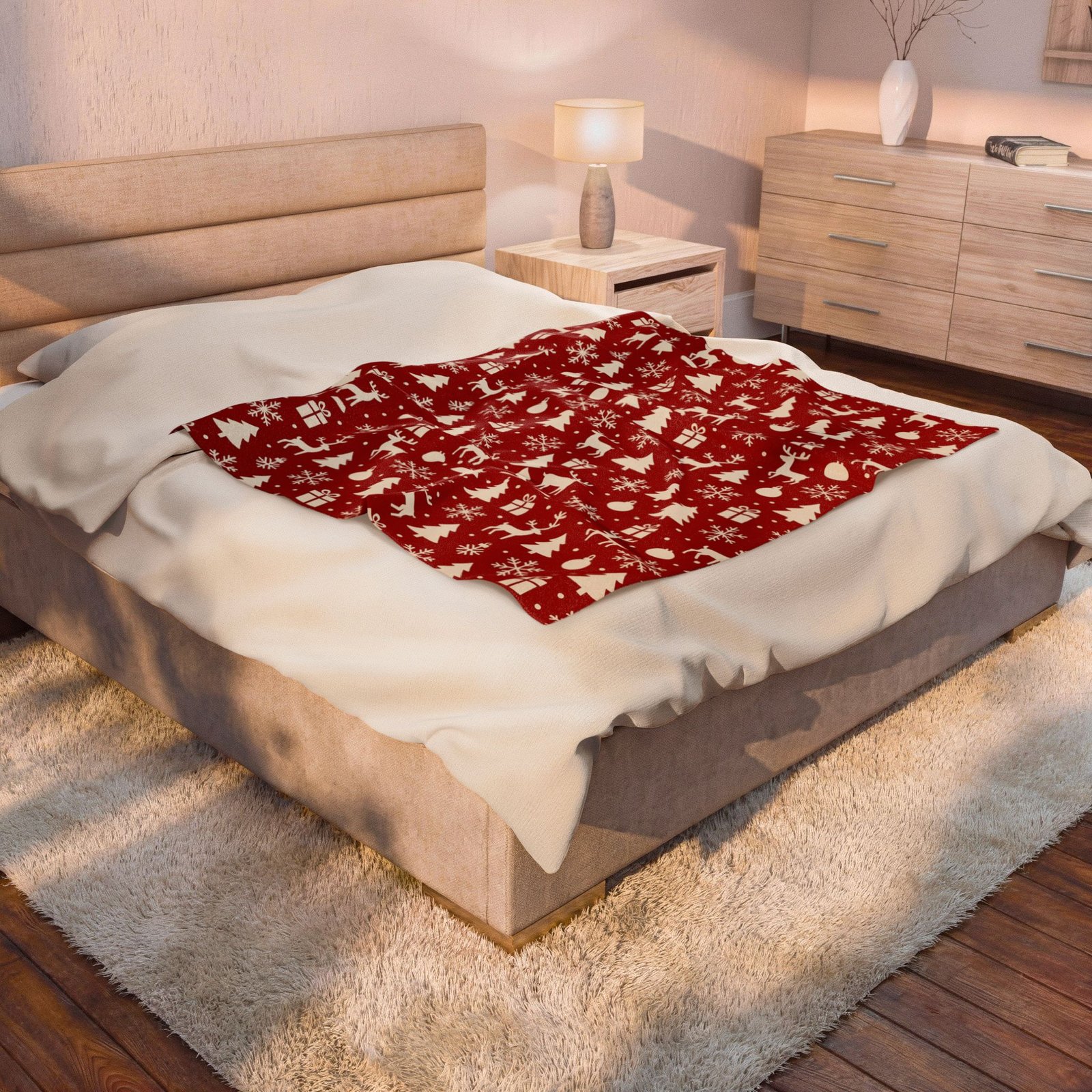 Red Christmas Pattern Velveteen Plush Blanket | Reindeer, Trees, Snowflakes - Image 8
