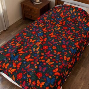 Autumn Butterflies Velveteen Plush Blanket | Fall Leaf Pattern, Cozy Throw Blanket, Fluttering Butterfly Bedding, Soft Autumn Lap Blanket,