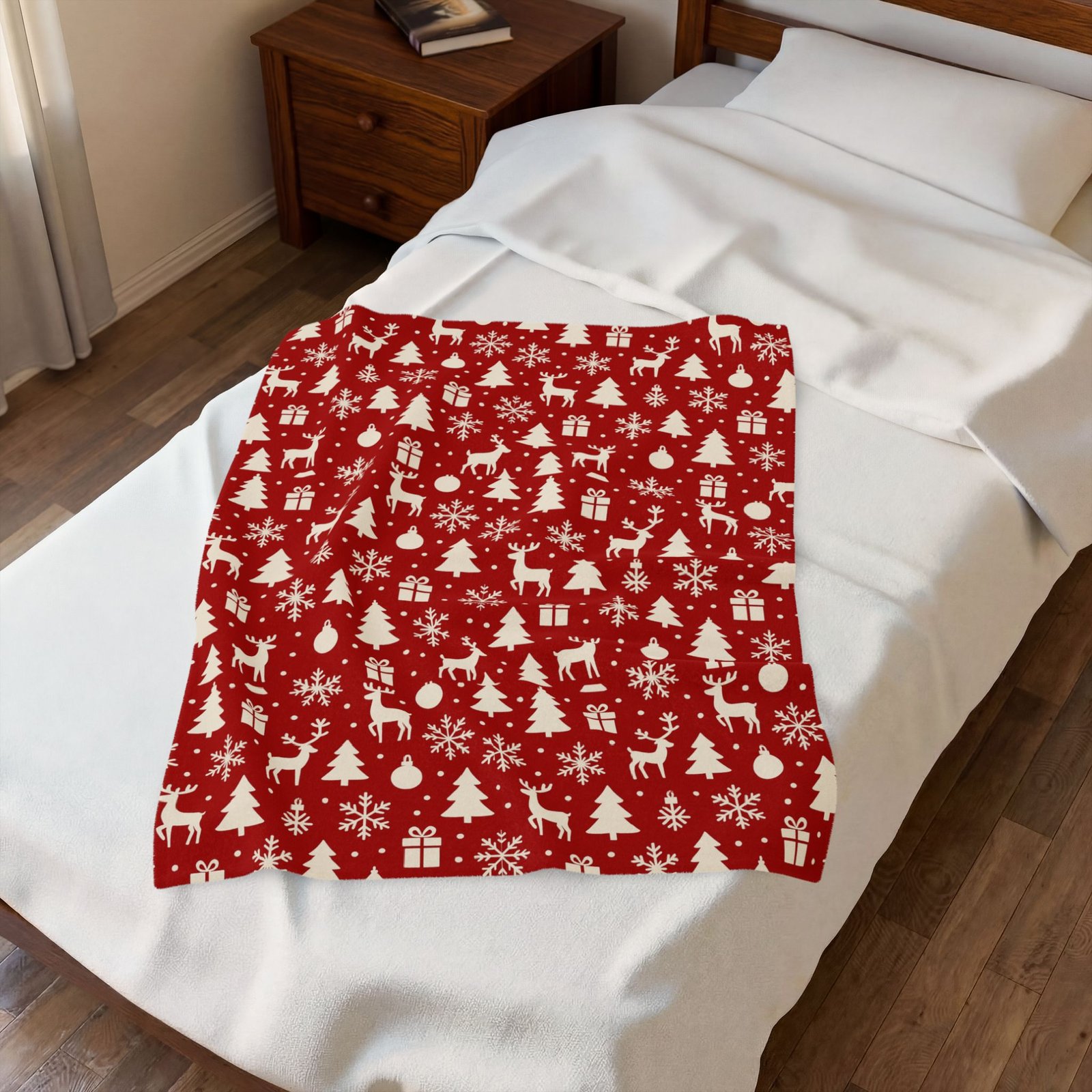 Red Christmas Pattern Velveteen Plush Blanket | Reindeer, Trees, Snowflakes - Image 11