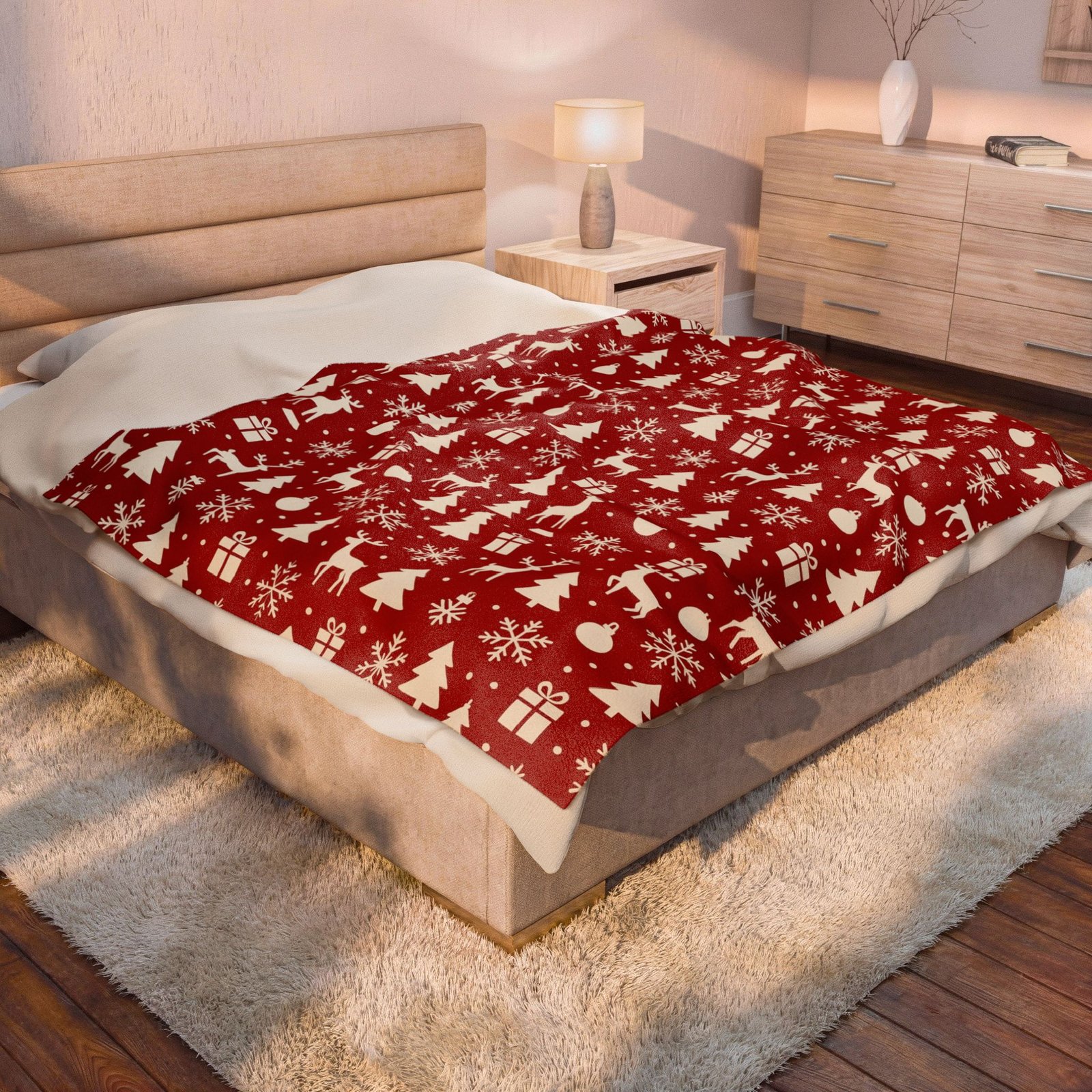 Red Christmas Pattern Velveteen Plush Blanket | Reindeer, Trees, Snowflakes - Image 4