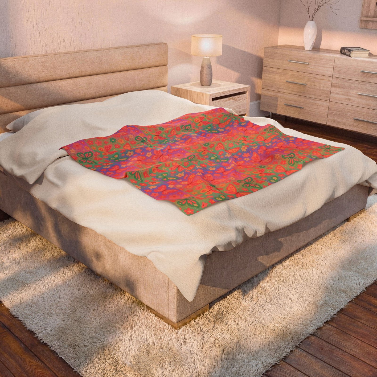 Butterfly Pattern Velveteen Plush Blanket | Pink Orange Floral Throw - Image 4