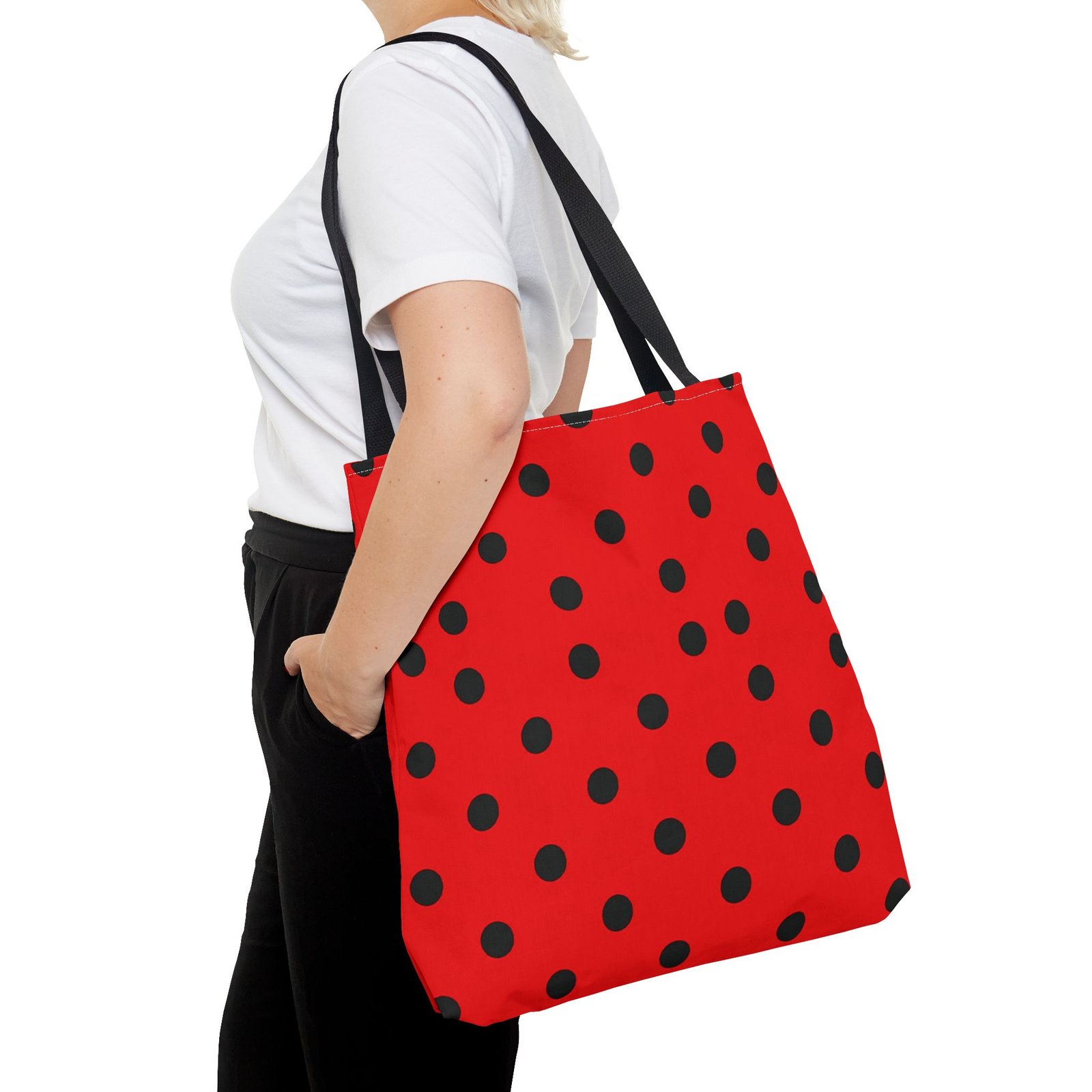 Black Polka Dot on Red Tote Bag - Image 14