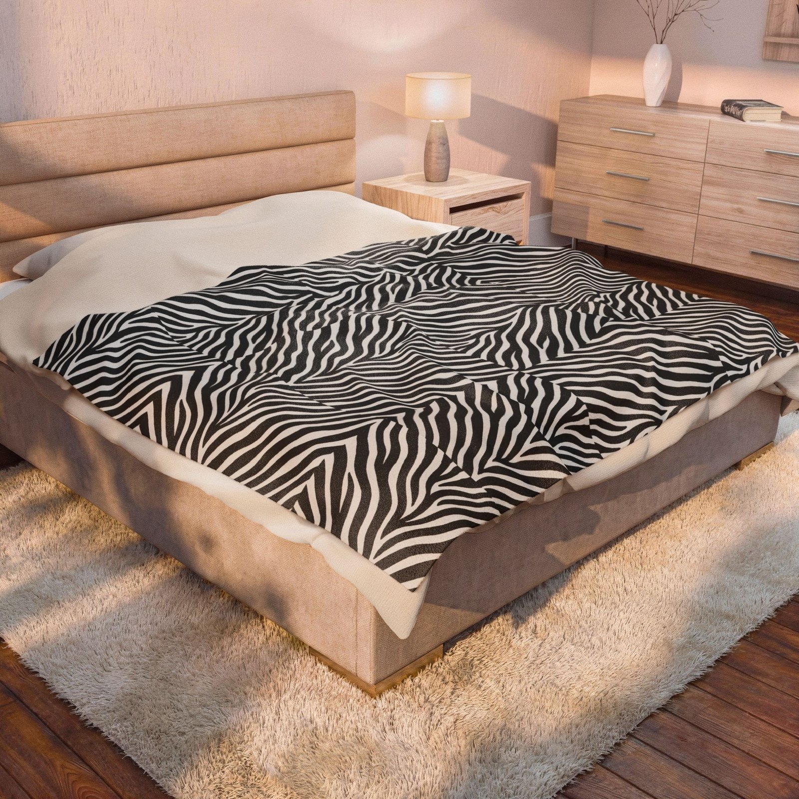 Zebra Stripe Pattern Velveteen Plush Blanket | Black White Animal Print - Image 8