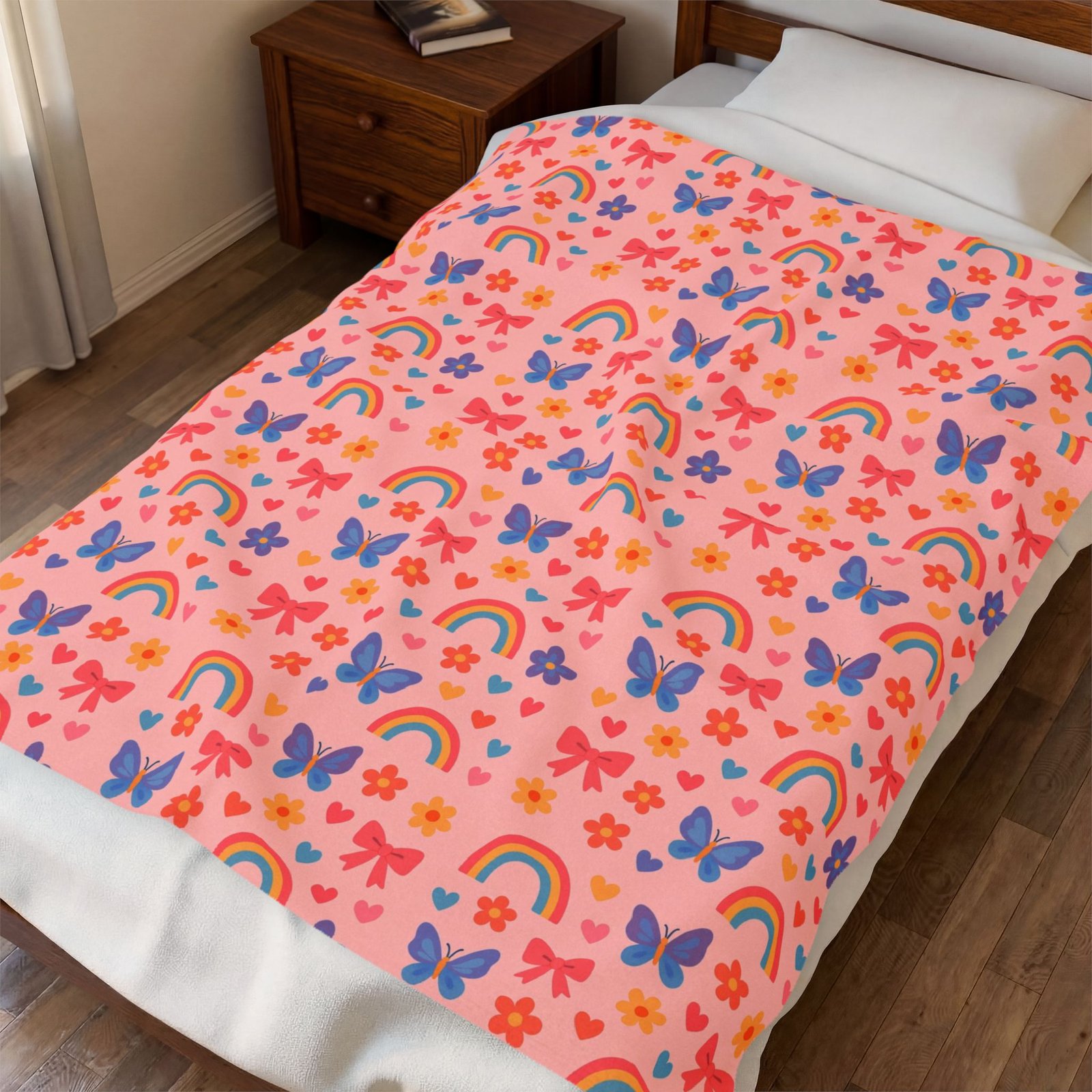 Rainbow and Butterfly Pattern Blanket | Pink Floral Rainbows, Cute Kids Throw - Image 3