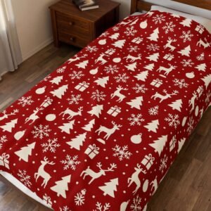 Red Christmas Pattern Velveteen Plush Blanket | Reindeer, Trees, Snowflakes
