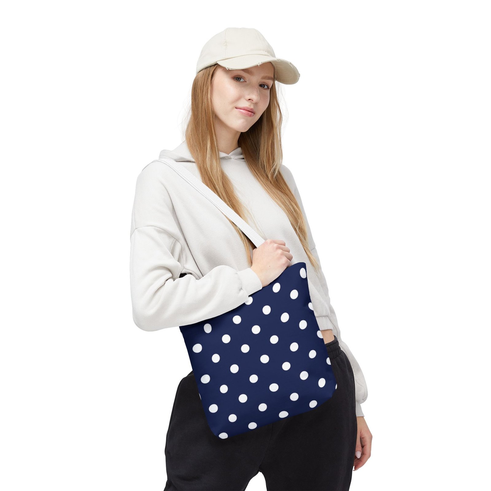 Navy Polka Dot Tote Bag | White Dots All Over Pattern - Image 20
