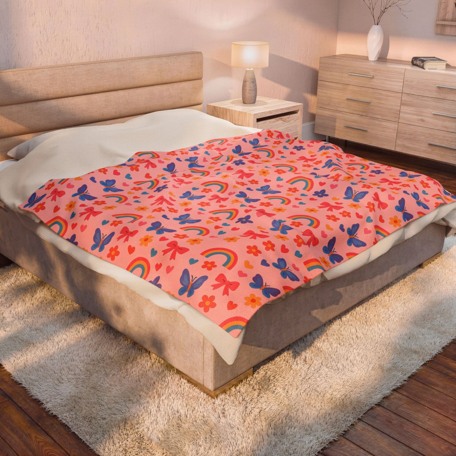 Rainbow and Butterfly Pattern Blanket | Pink Floral Rainbows, Cute Kids Throw - Image 8