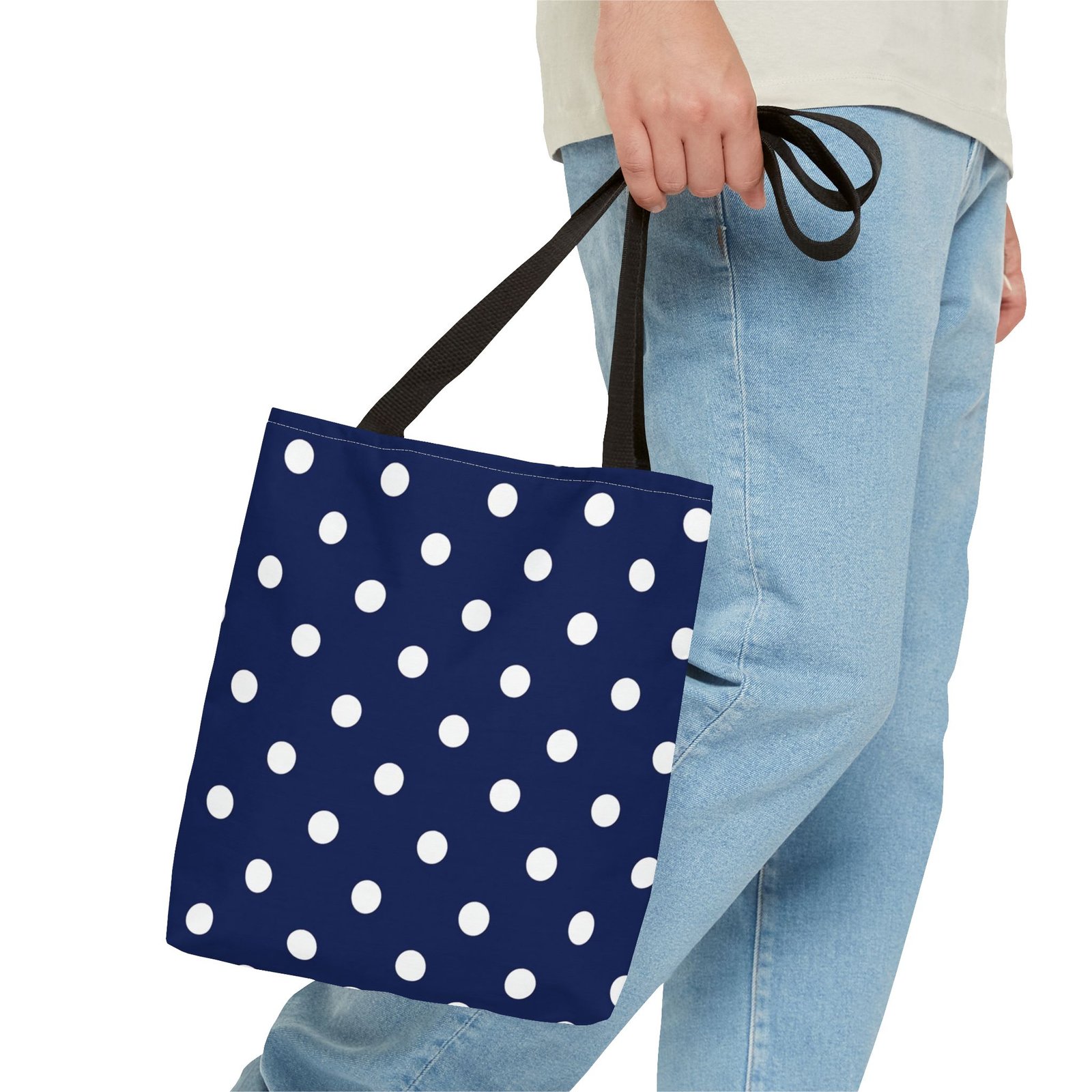 Navy Polka Dot Tote Bag | White Dots All Over Pattern - Image 8