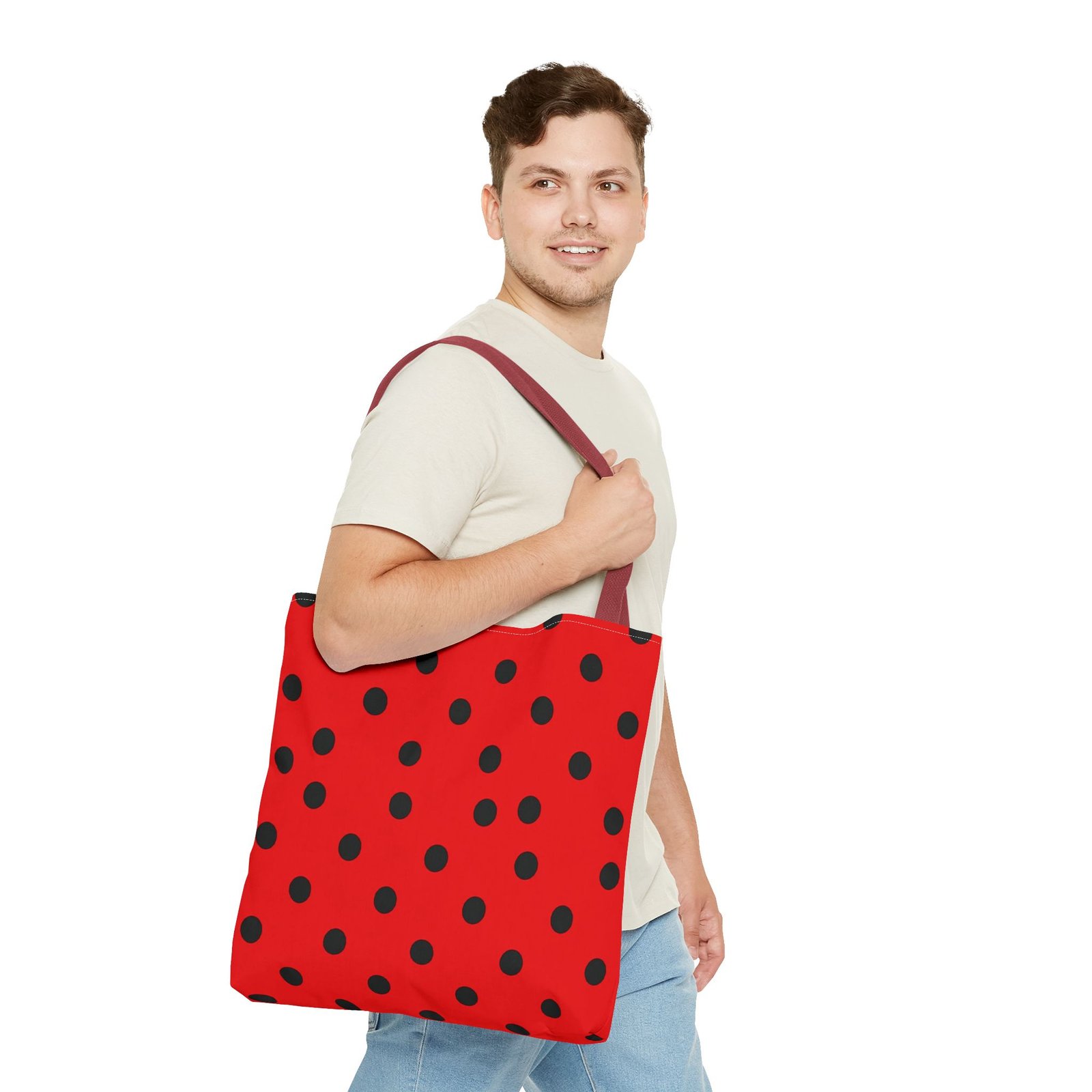 Black Polka Dot on Red Tote Bag - Image 16