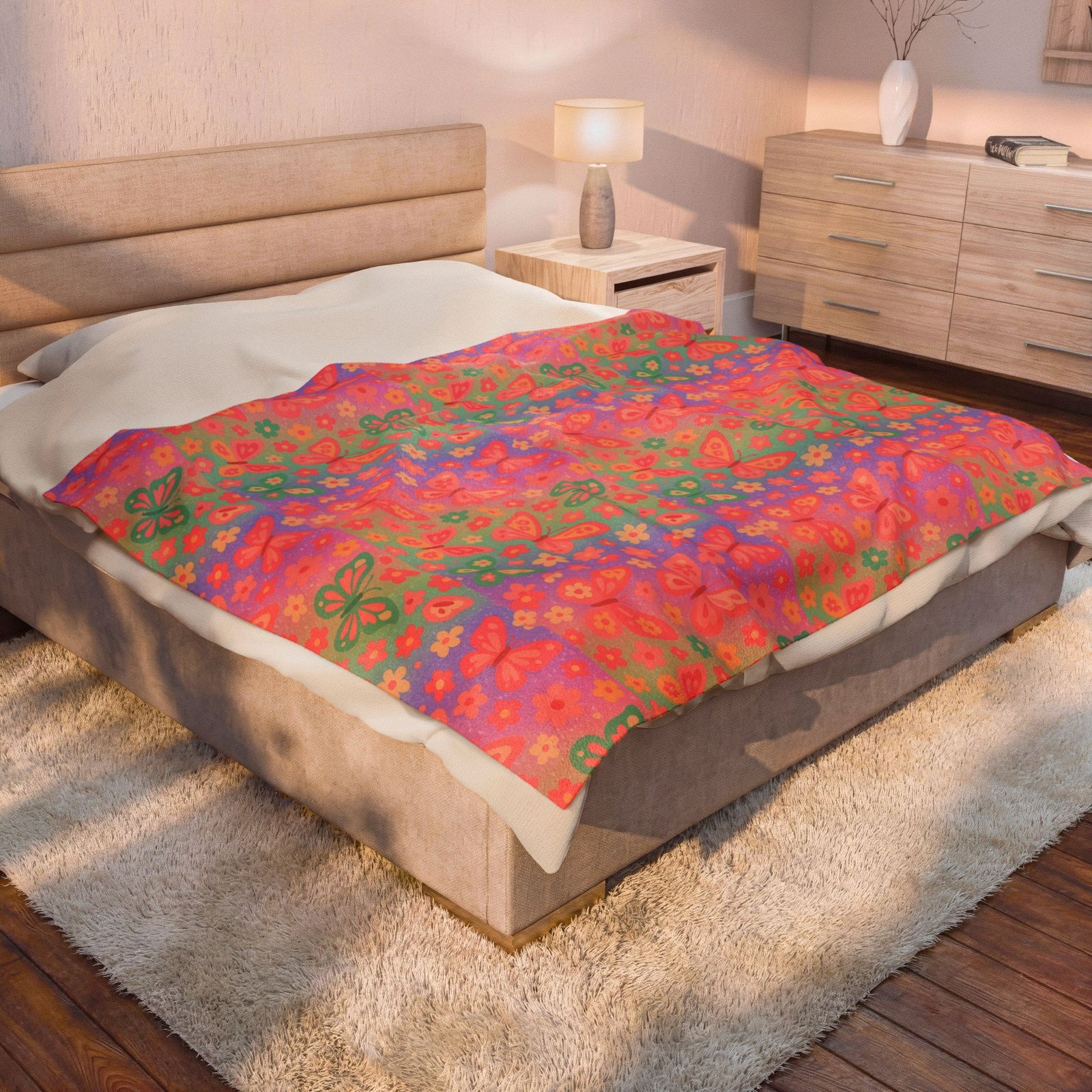 Butterfly Pattern Velveteen Plush Blanket | Pink Orange Floral Throw - Image 8