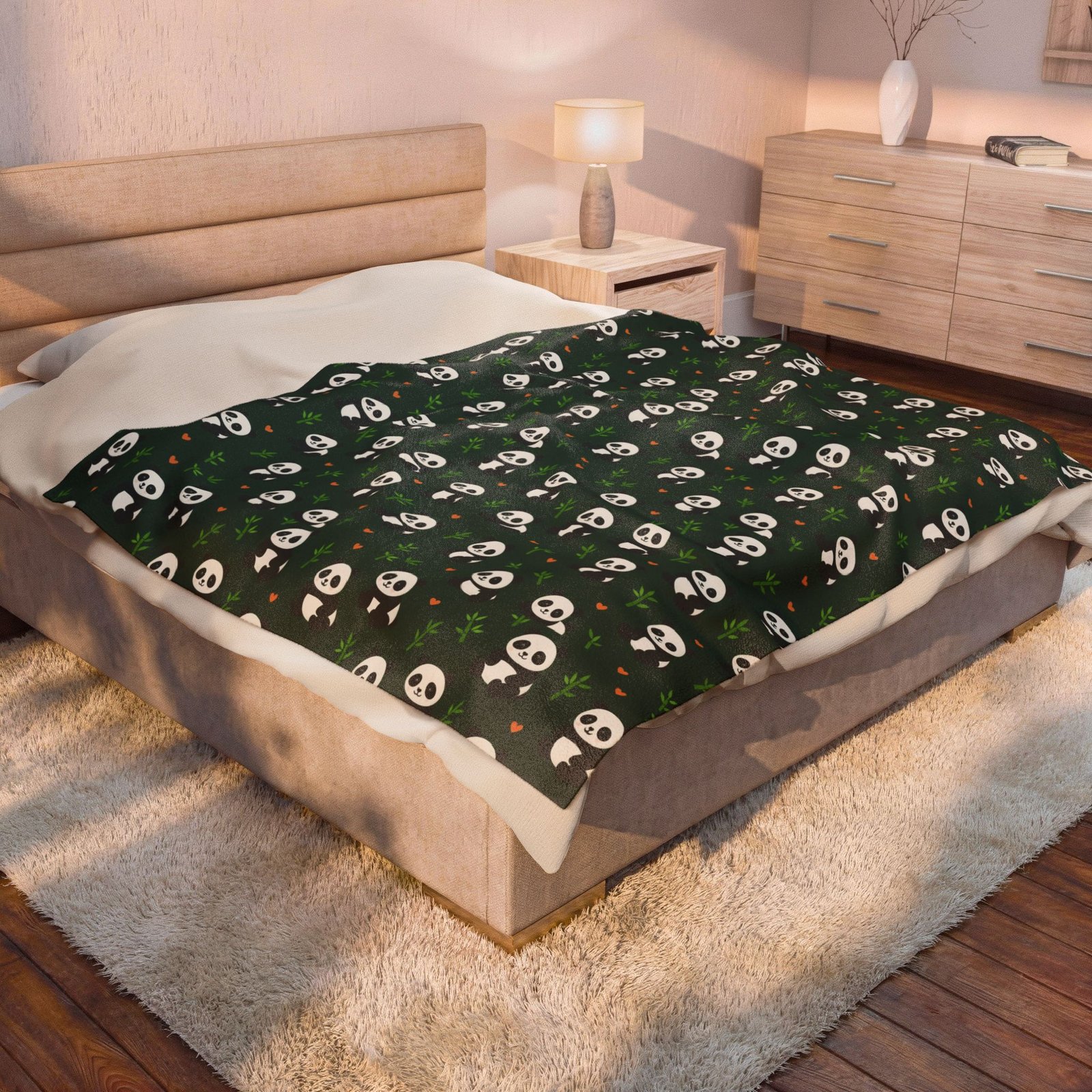 Panda Pattern Velveteen Plush Blanket | Green Skull Floral Repeat - Image 8