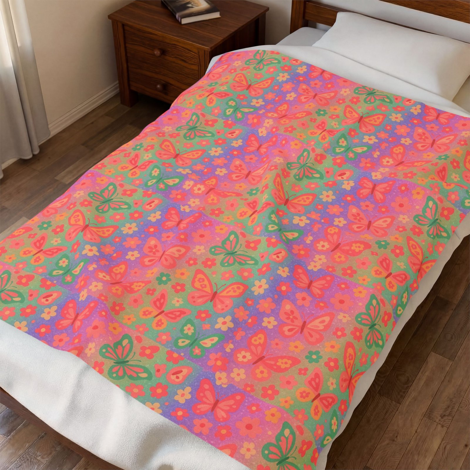 Butterfly Pattern Velveteen Plush Blanket | Pink Orange Floral Throw - Image 3