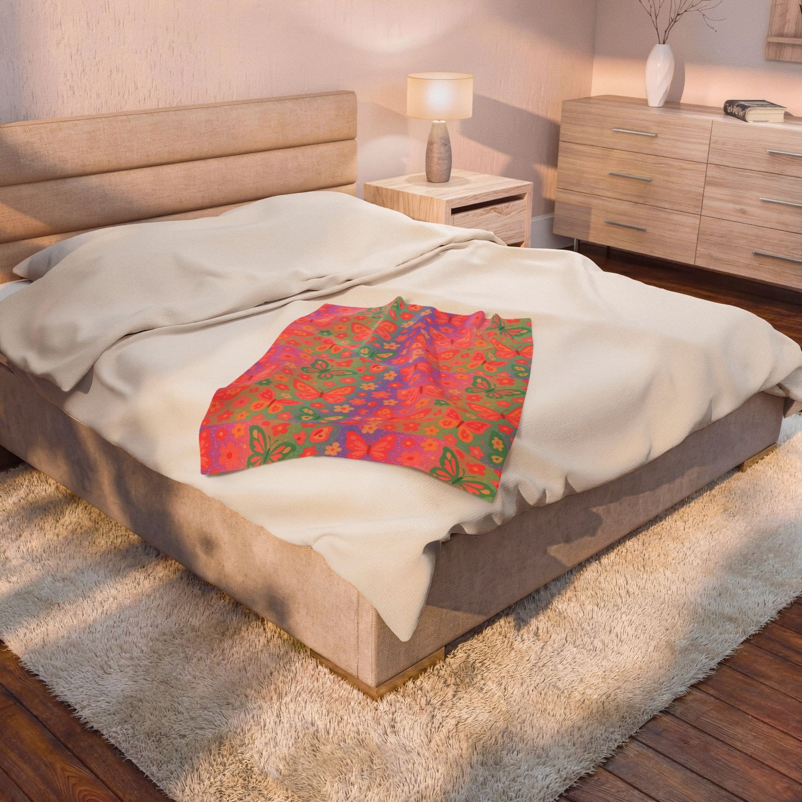 Butterfly Pattern Velveteen Plush Blanket | Pink Orange Floral Throw - Image 12