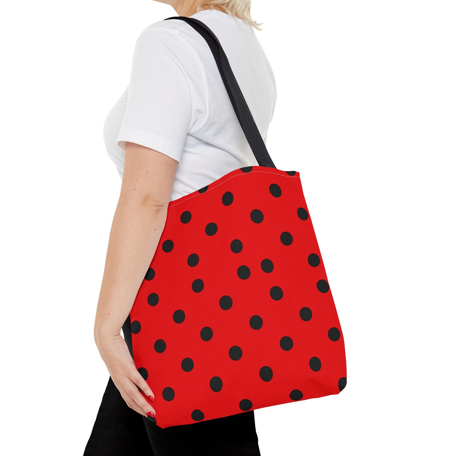 Black Polka Dot on Red Tote Bag - Image 3