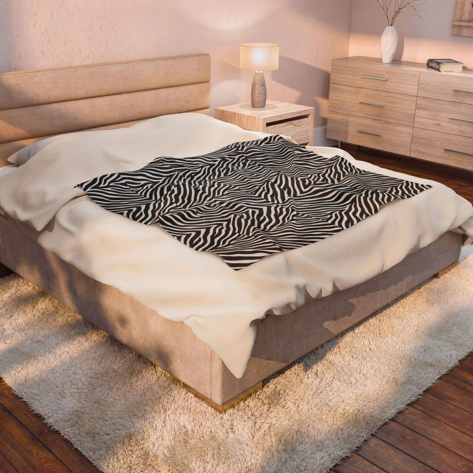 Zebra Stripe Pattern Velveteen Plush Blanket | Black White Animal Print - Image 4