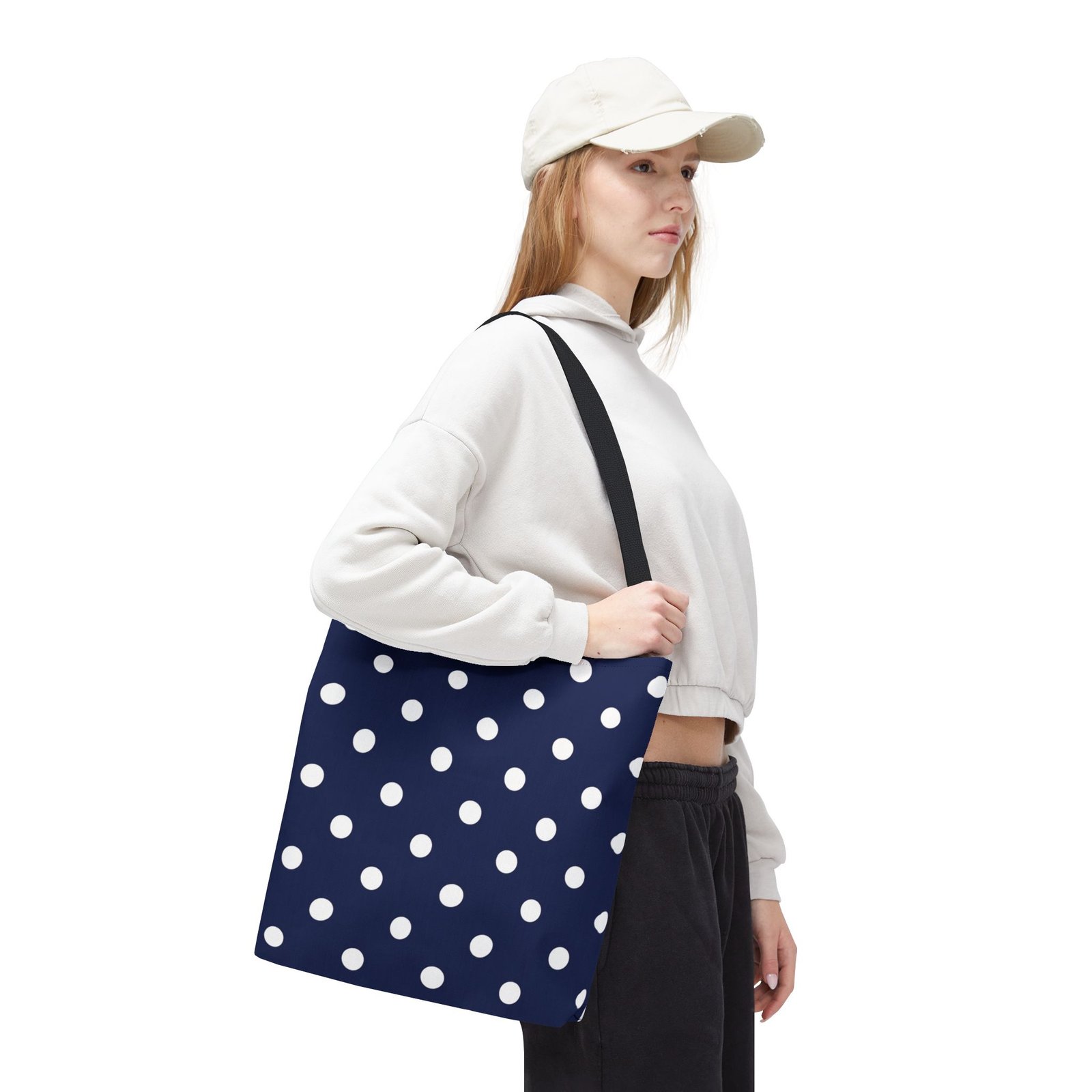 Navy Polka Dot Tote Bag | White Dots All Over Pattern - Image 4