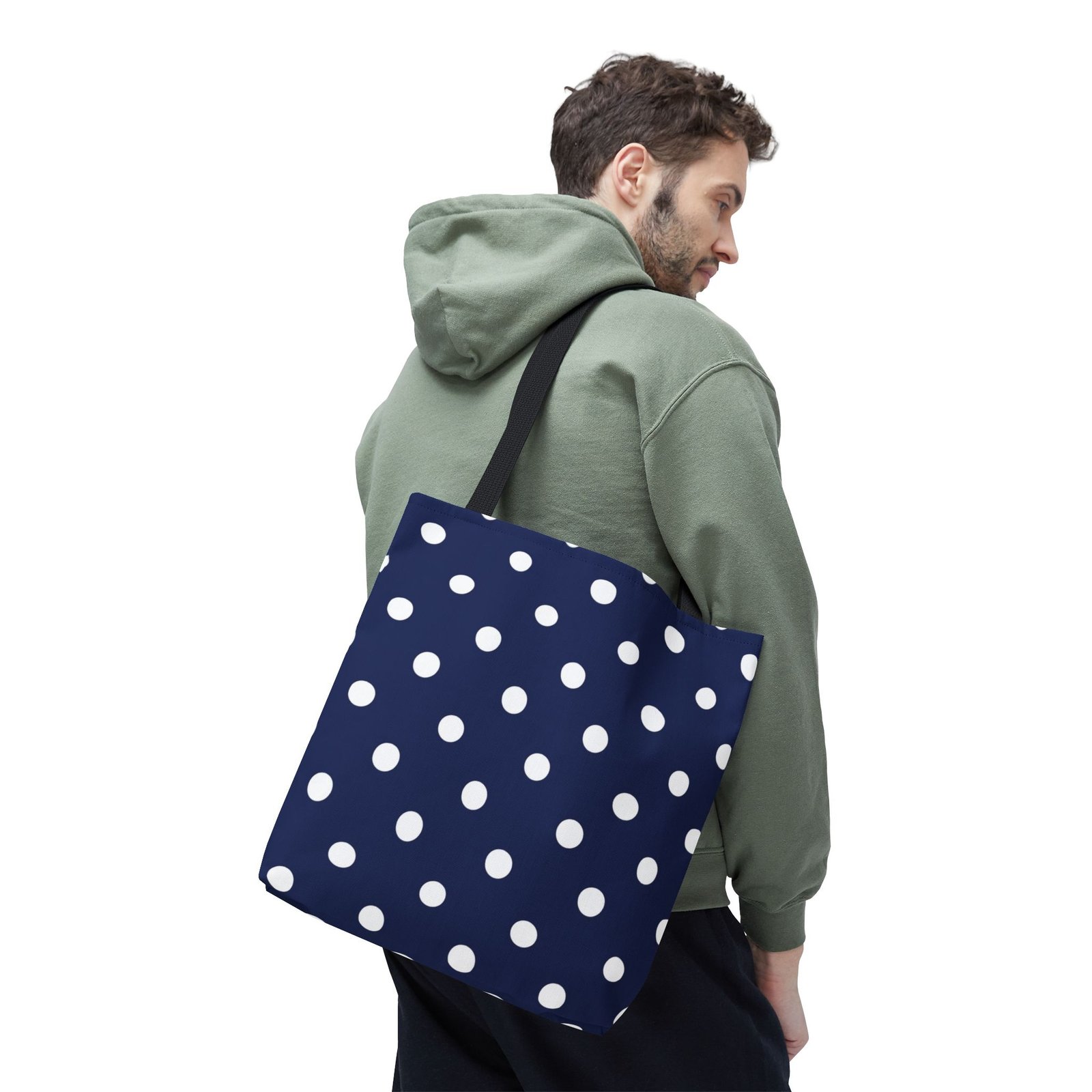 Navy Polka Dot Tote Bag | White Dots All Over Pattern - Image 5