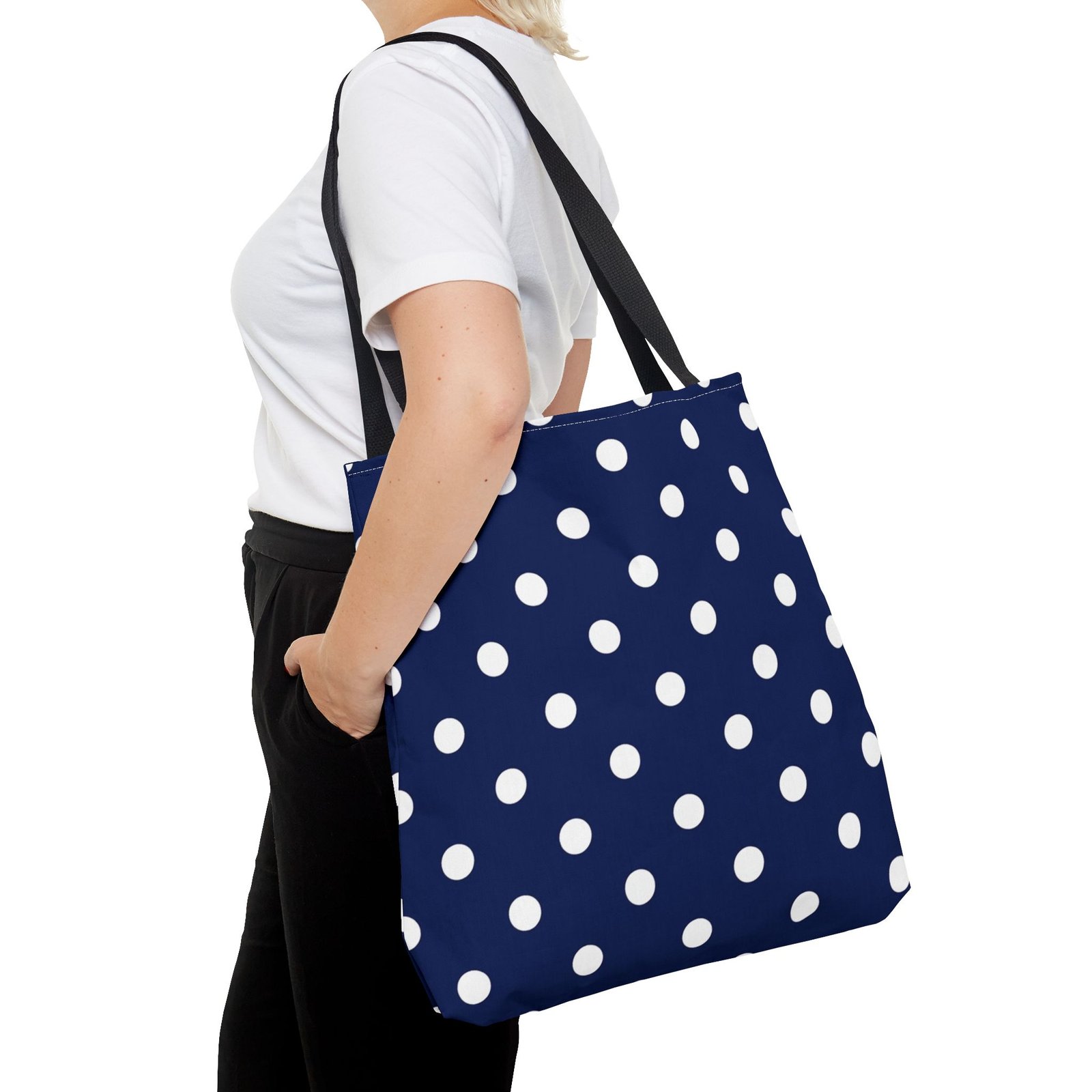 Navy Polka Dot Tote Bag | White Dots All Over Pattern - Image 16