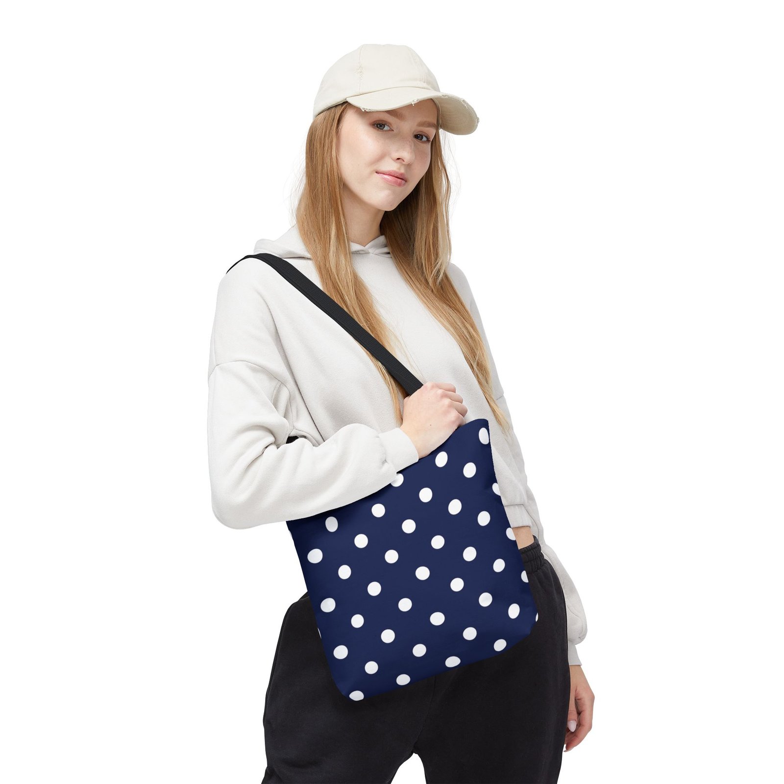 Navy Polka Dot Tote Bag | White Dots All Over Pattern - Image 10