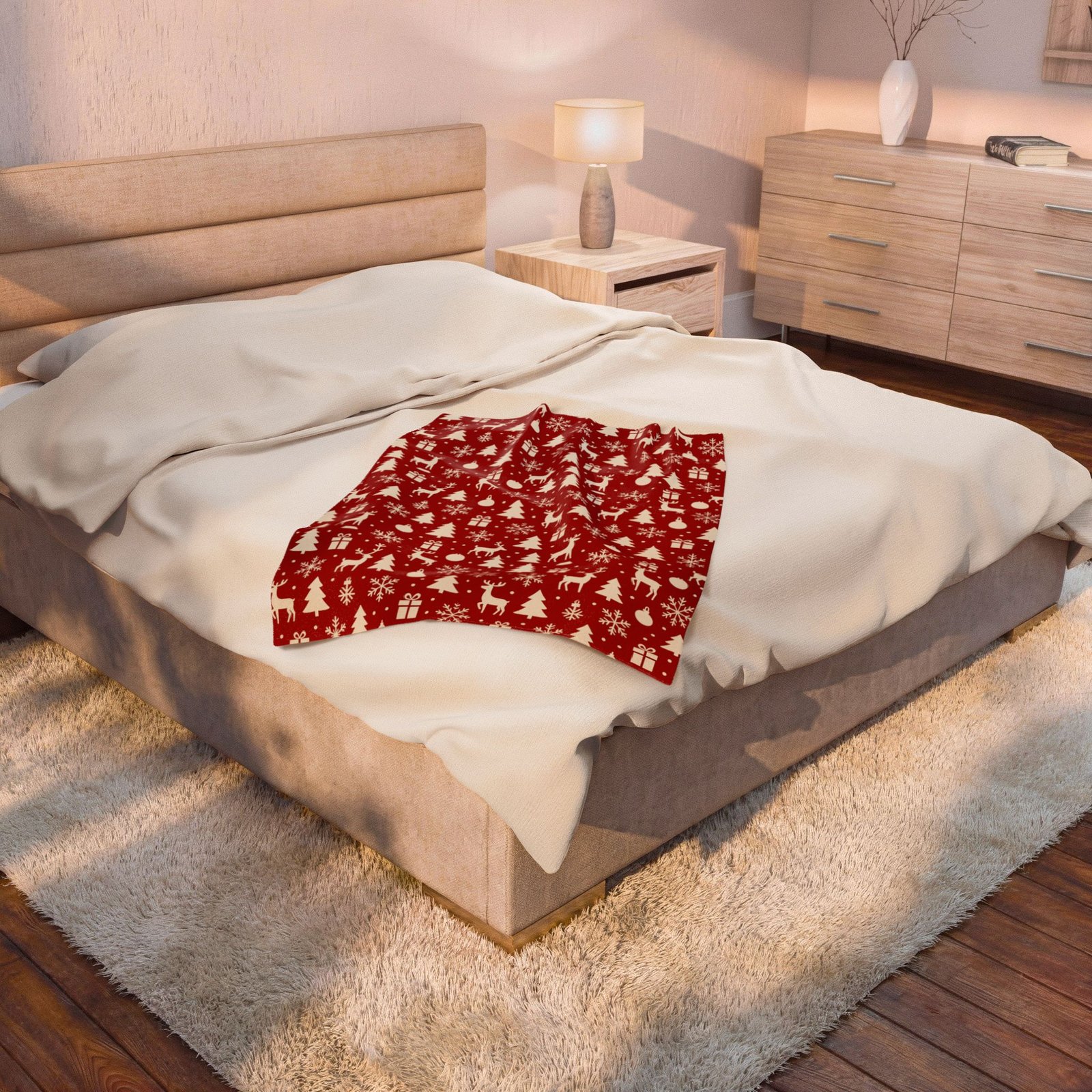 Red Christmas Pattern Velveteen Plush Blanket | Reindeer, Trees, Snowflakes - Image 12