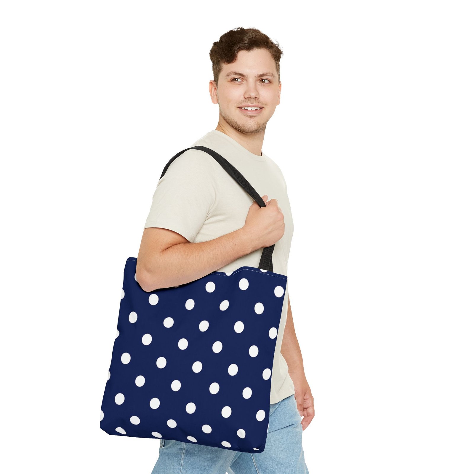Navy Polka Dot Tote Bag | White Dots All Over Pattern - Image 15