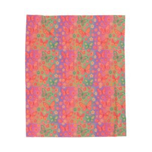 Butterfly Pattern Velveteen Plush Blanket | Pink Orange Floral Throw