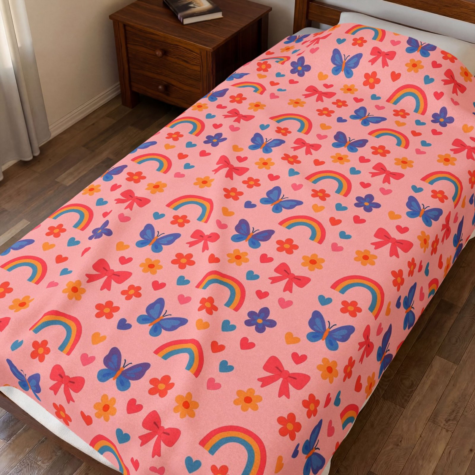 Rainbow and Butterfly Pattern Blanket | Pink Floral Rainbows, Cute Kids Throw - Image 7