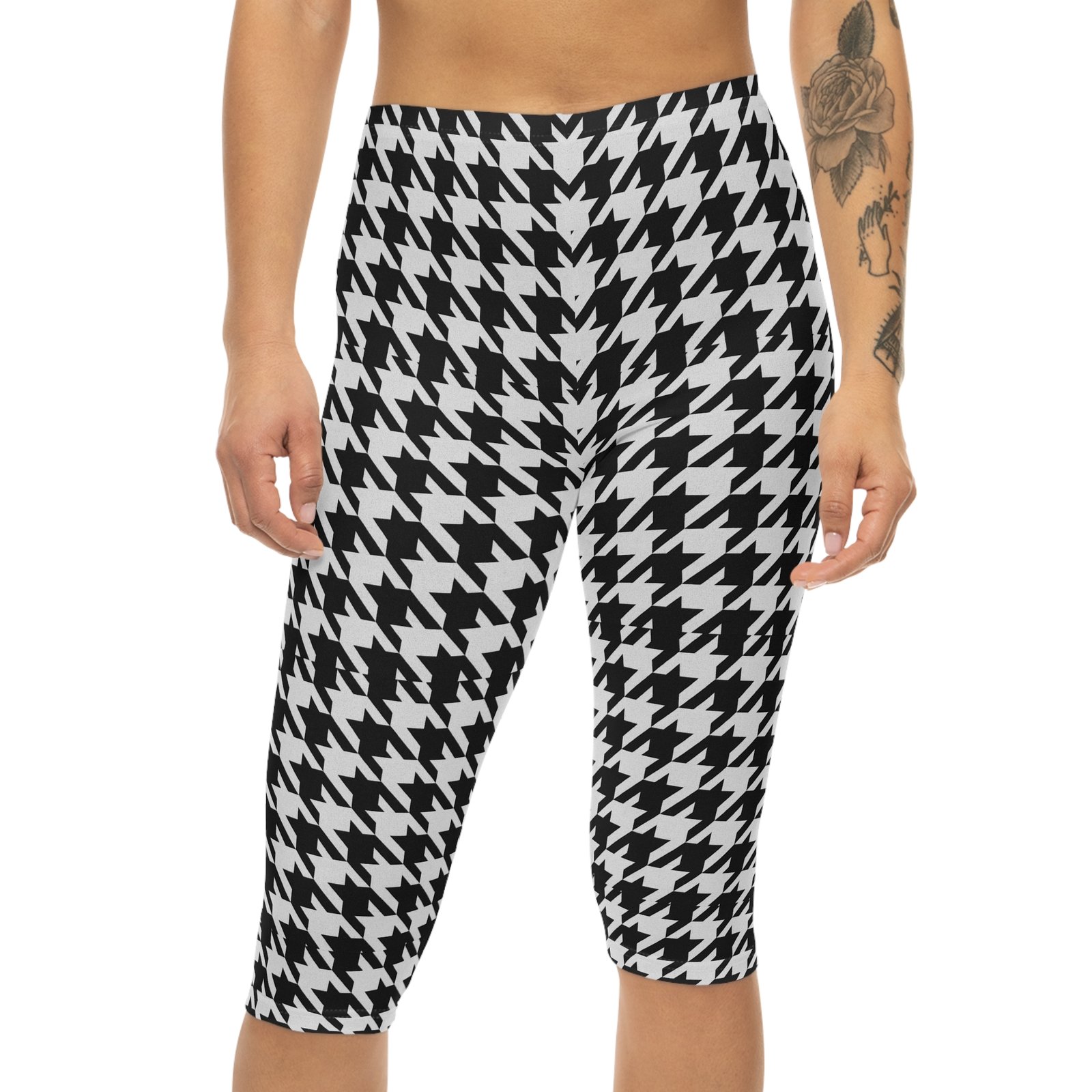 Black White Houndstooth Capri Leggings | Allover Print - Image 4
