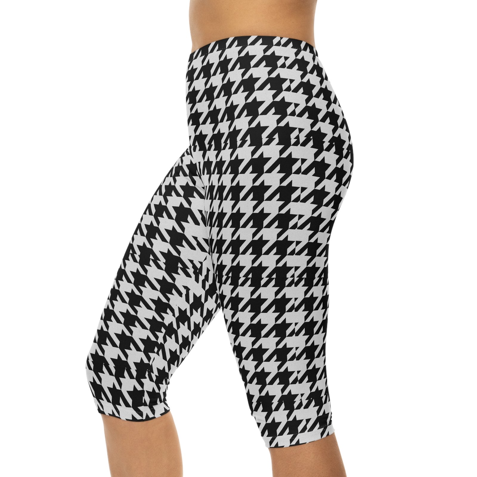 Black White Houndstooth Capri Leggings | Allover Print - Image 7