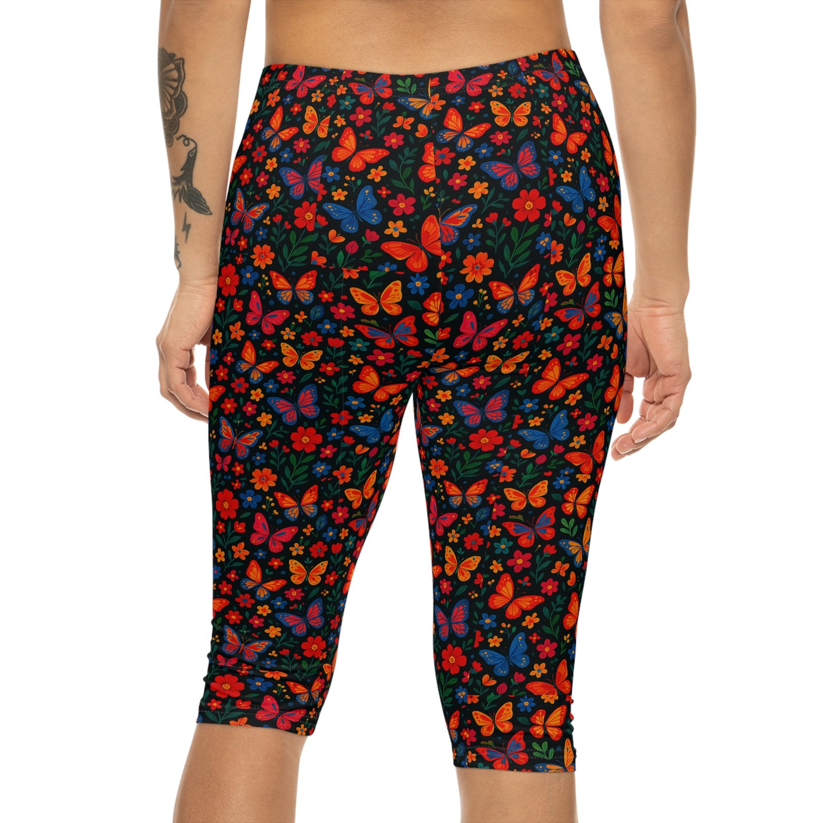 Colorful Butterfly Floral Capri Leggings | Bright All-Over Print - Image 5