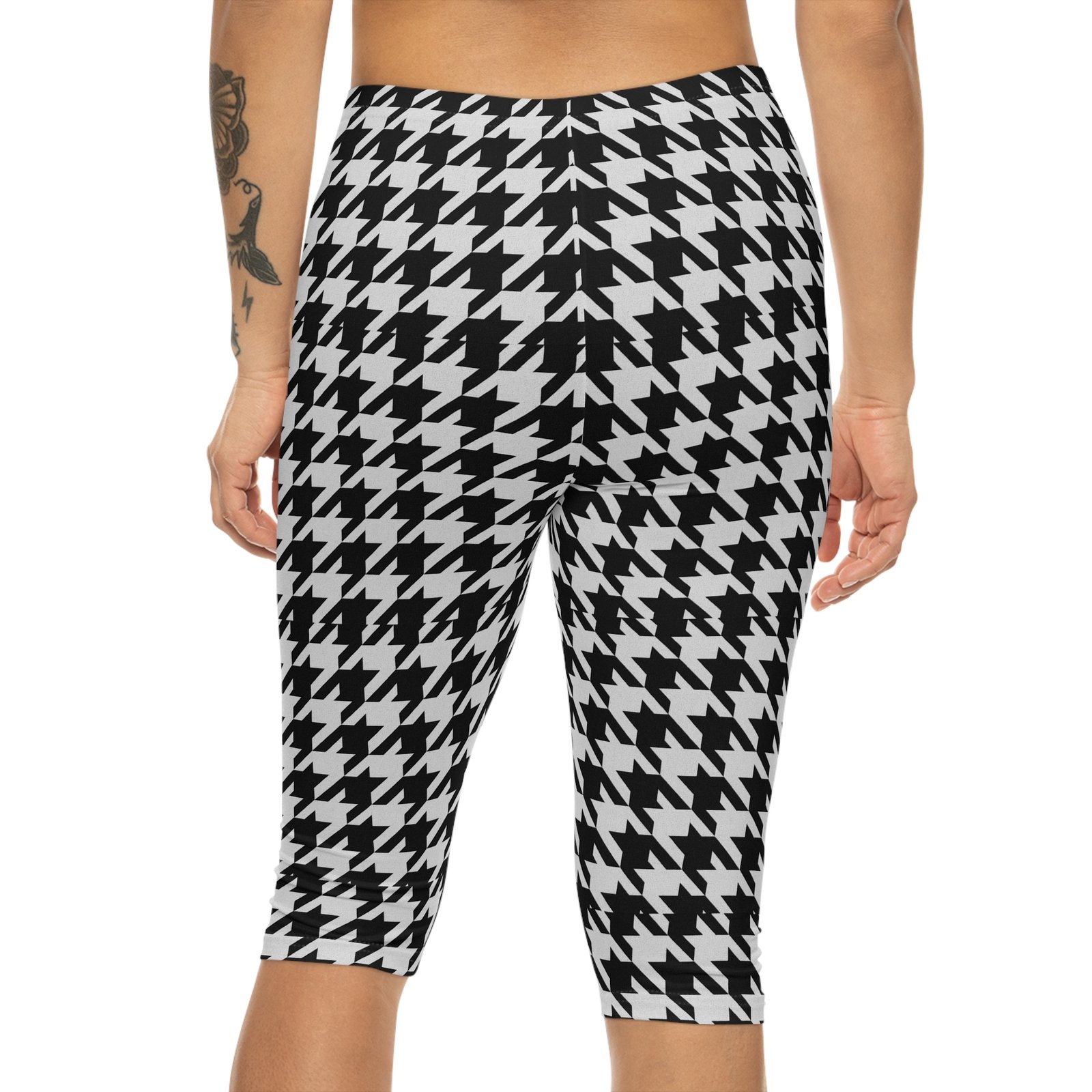 Black White Houndstooth Capri Leggings | Allover Print - Image 5