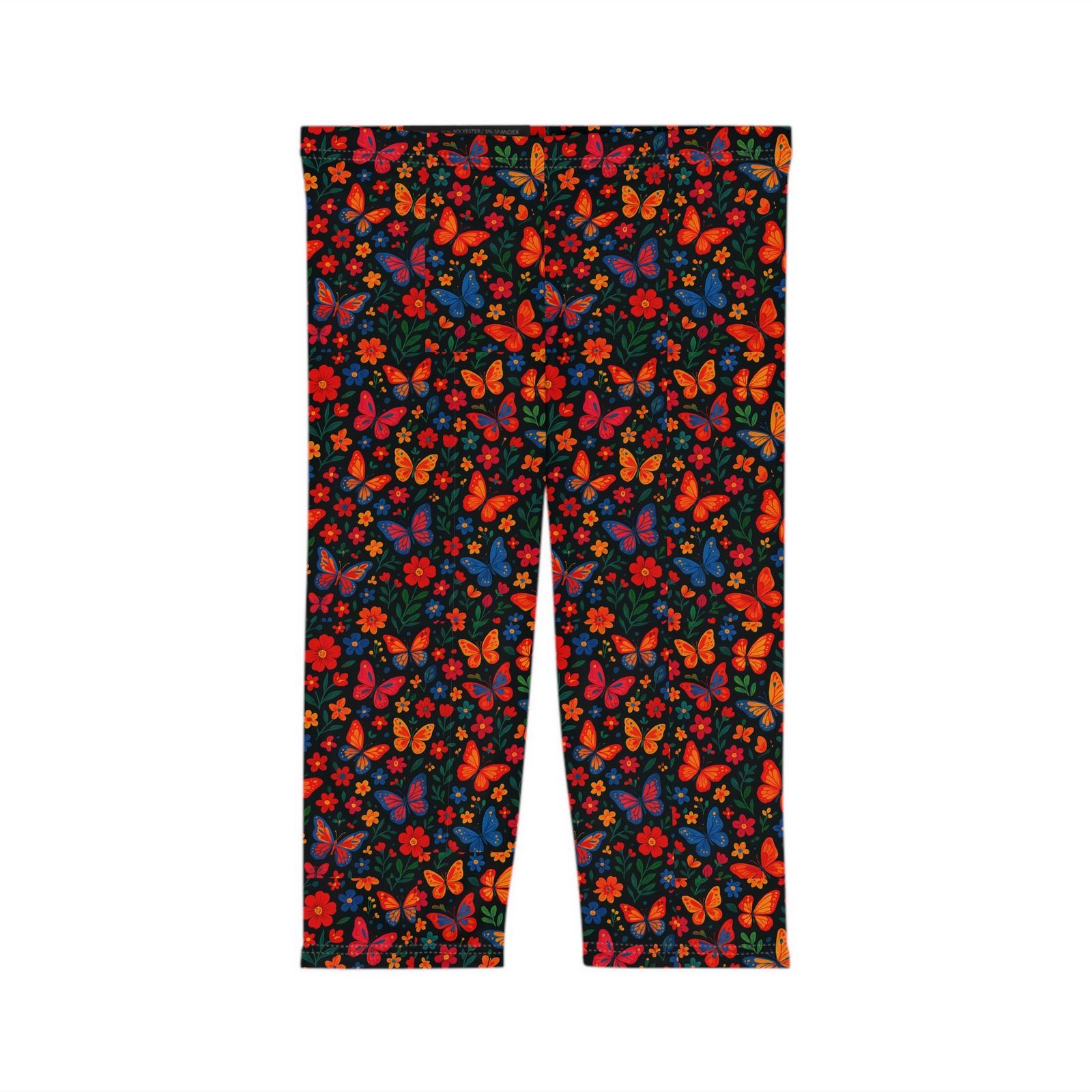 Colorful Butterfly Floral Capri Leggings | Bright All-Over Print - Image 2