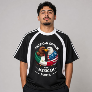 American Grown with Mexican Roots Contrast Stripes Panel Mesh T-Shirt