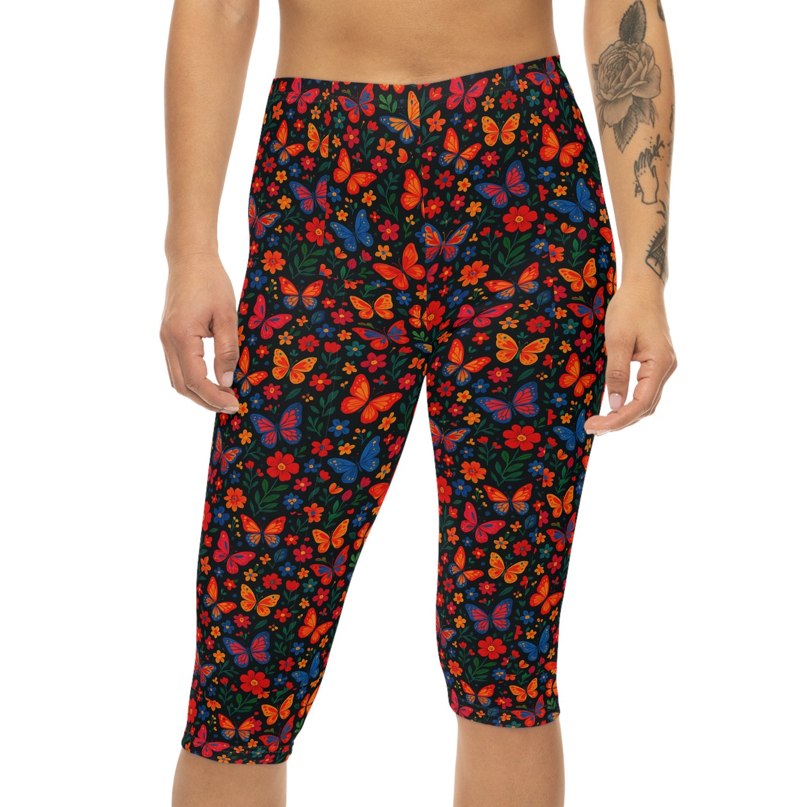 Colorful Butterfly Floral Capri Leggings | Bright All-Over Print - Image 4