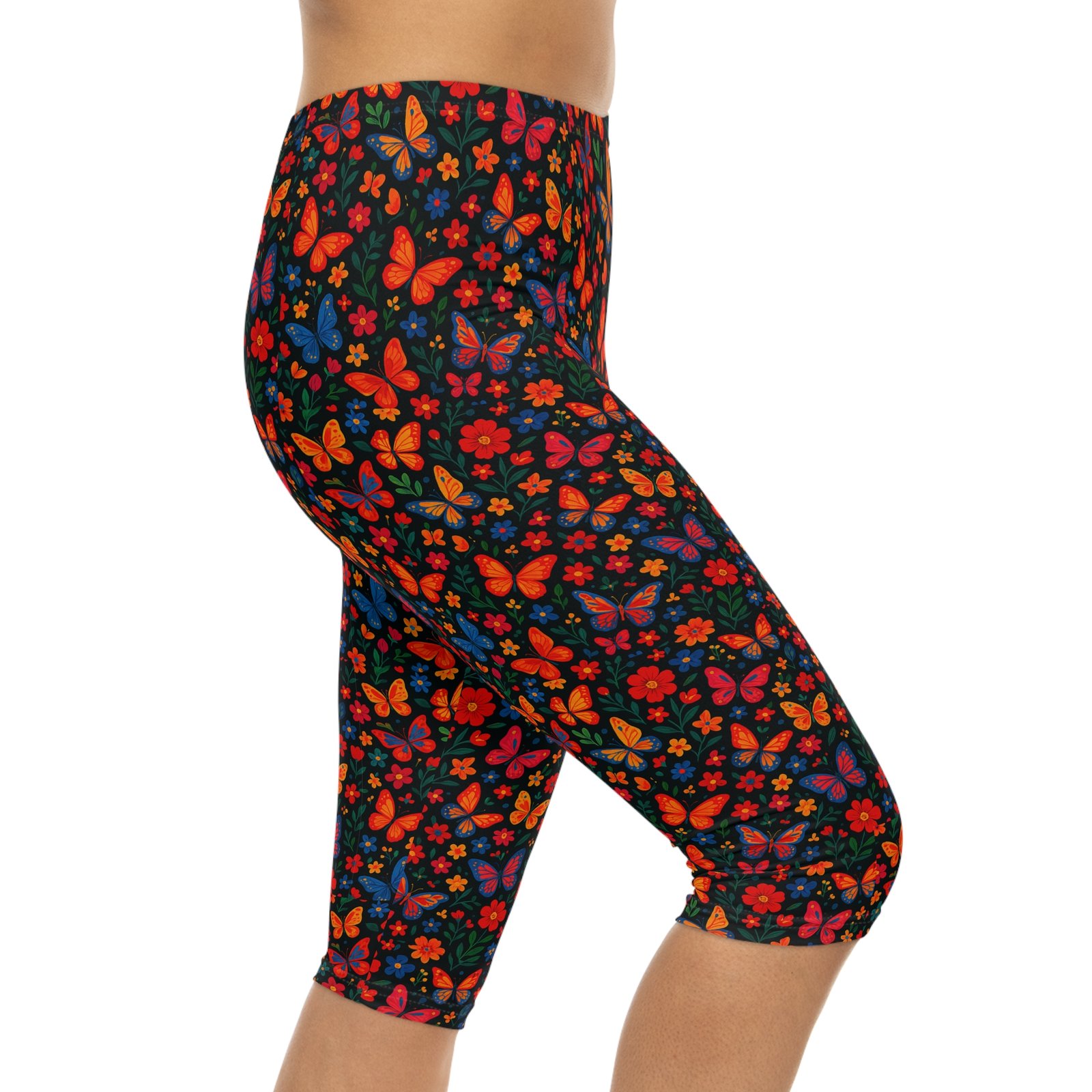 Colorful Butterfly Floral Capri Leggings | Bright All-Over Print - Image 6