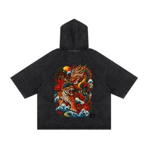 Dragon and Tiger Mythic Clash Snow Washed Hooded Boxy T-Shirt