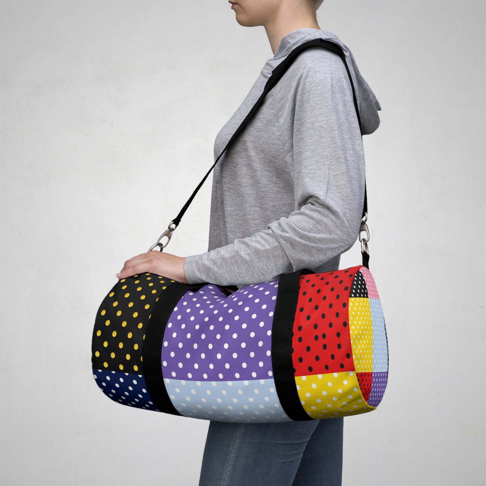 Polka Dot Patchwork Duffel Bag — Colorblock Travel & Gym Bag - Image 15