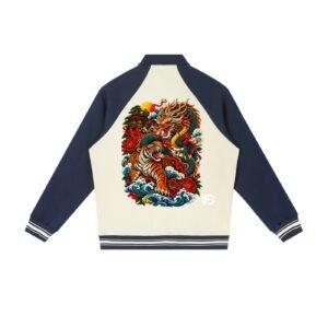 Dragon and Tiger Mythic Clash Contrast Raglan Sleeve Baseball Jacket