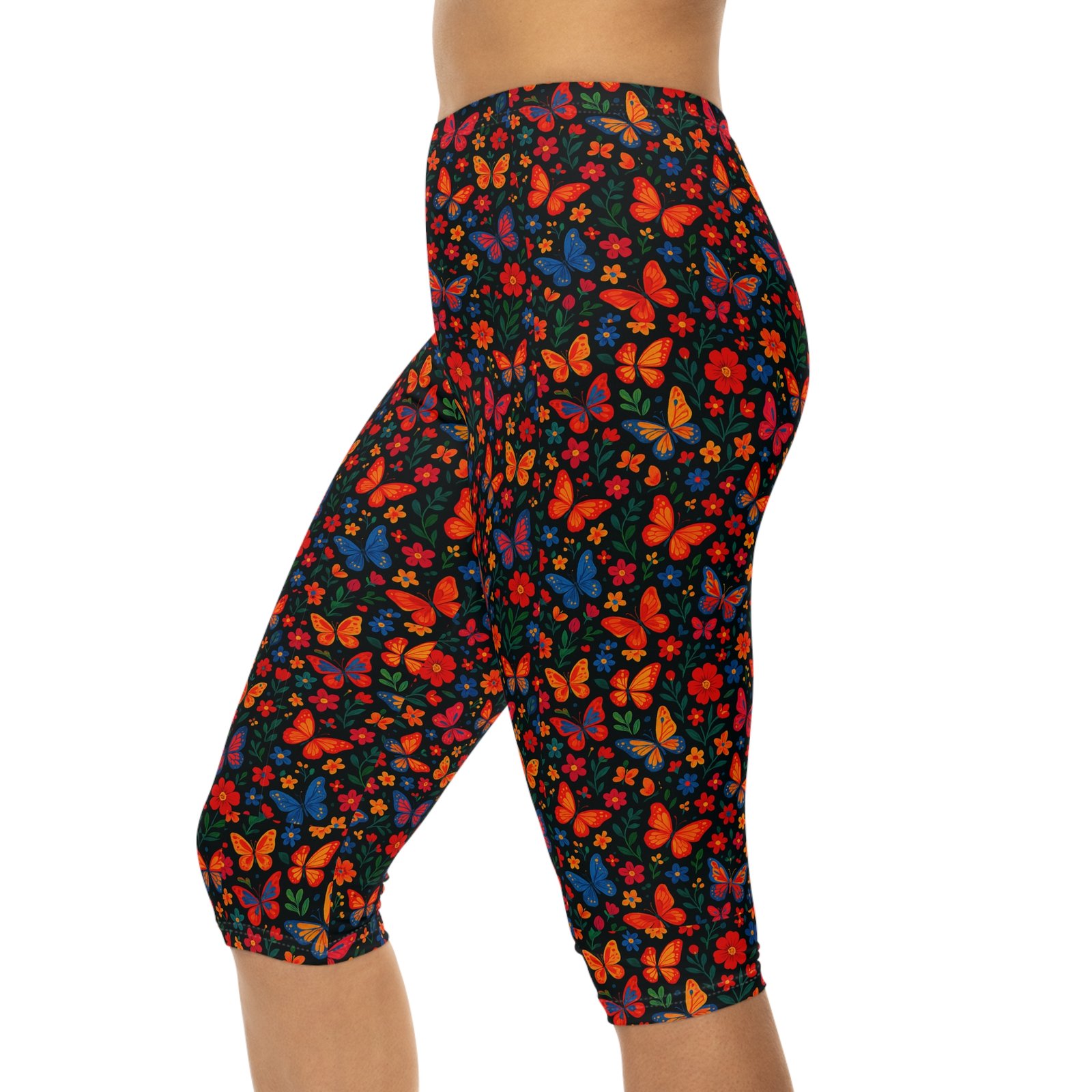 Colorful Butterfly Floral Capri Leggings | Bright All-Over Print - Image 7