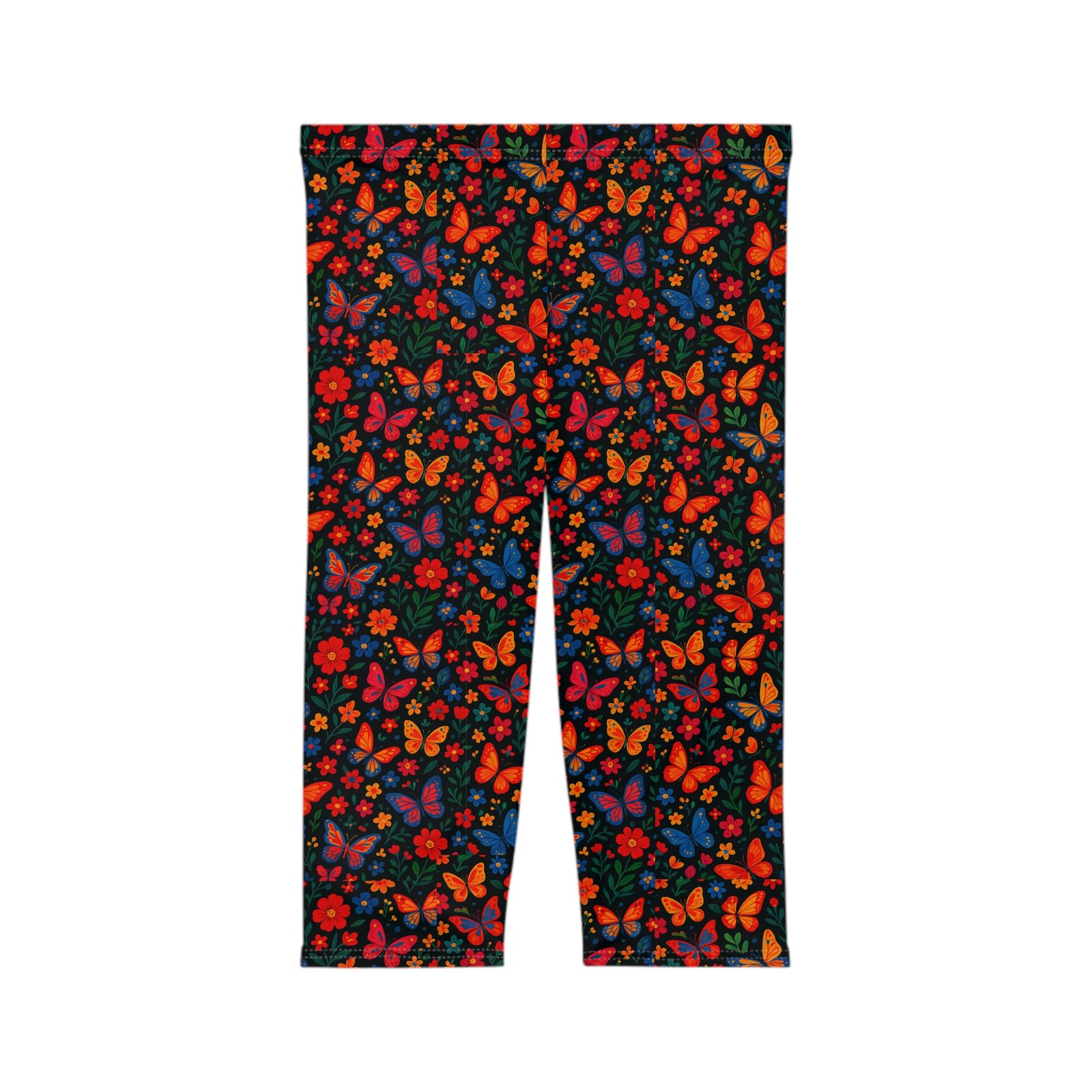 Colorful Butterfly Floral Capri Leggings | Bright All-Over Print - Image 3