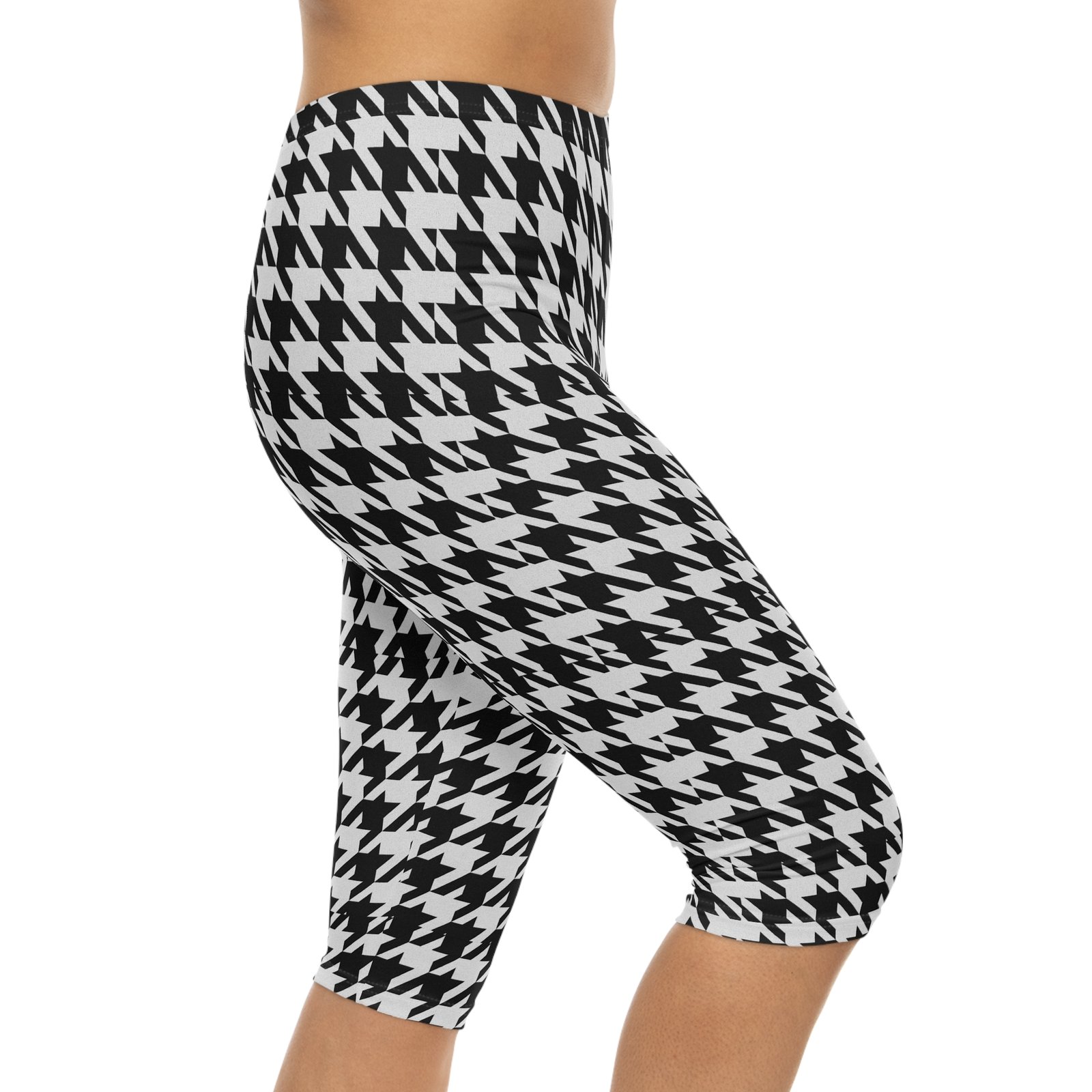 Black White Houndstooth Capri Leggings | Allover Print - Image 6