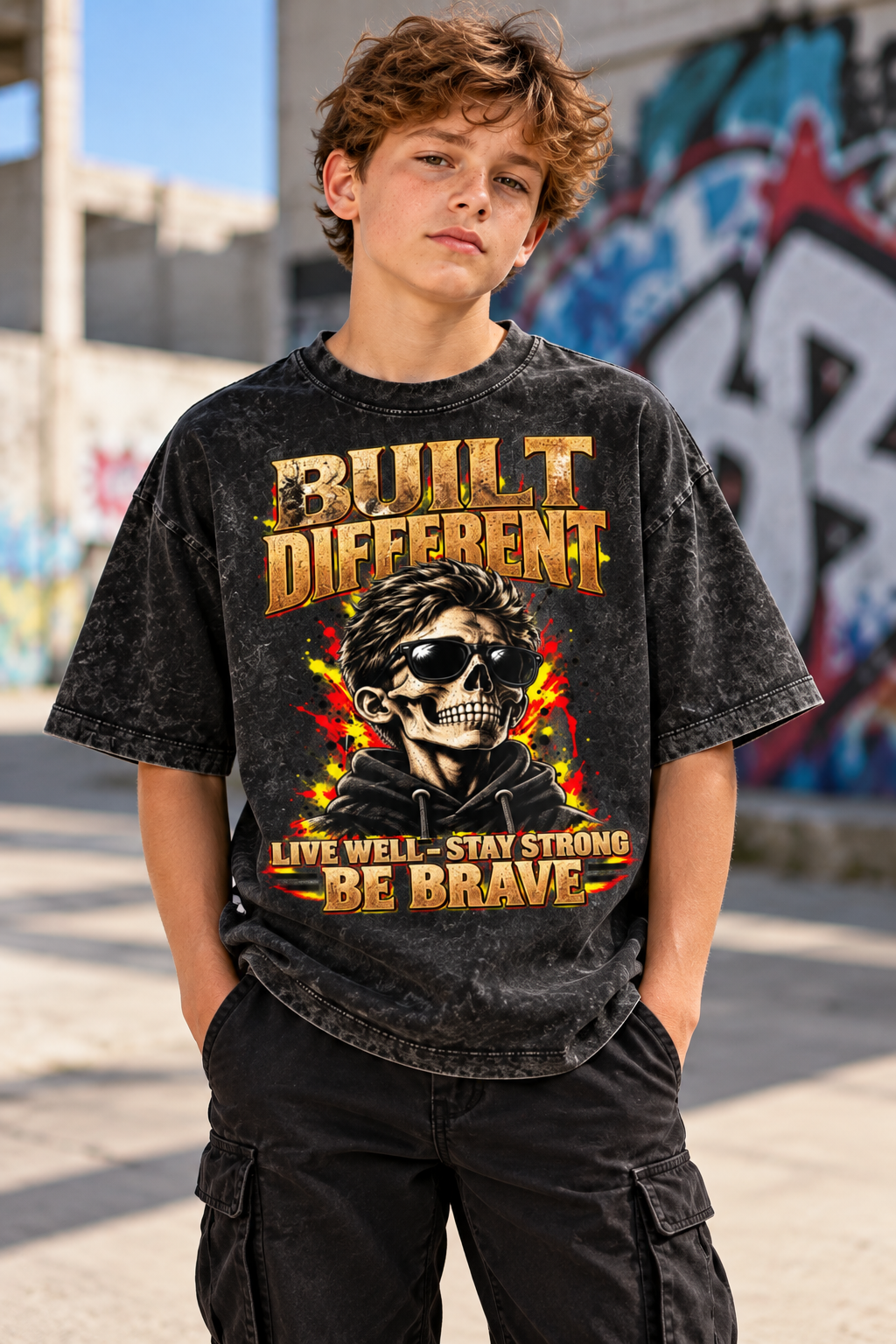 Kids & Teens Built Different: Live Well, Stay Strong, Be Brave Snow Washed Oversized Cotton T-Shirt - Image 2
