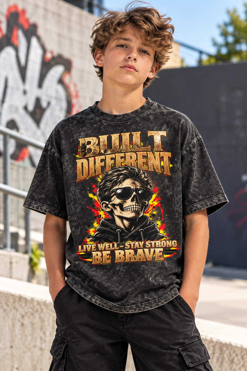 Kids & Teens Built Different: Live Well, Stay Strong, Be Brave Snow Washed Oversized Cotton T-Shirt - Image 6