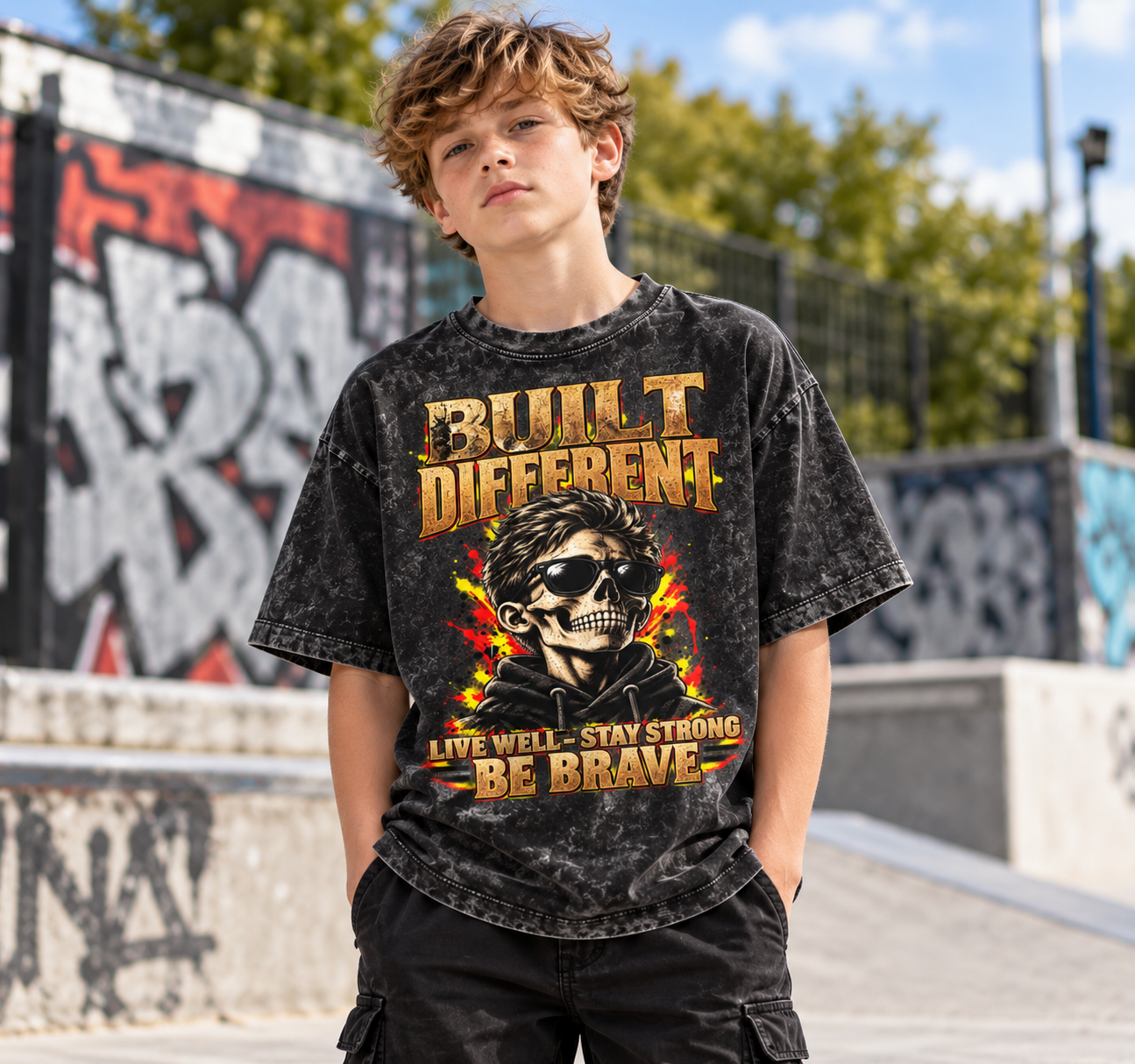 Kids & Teens Built Different: Live Well, Stay Strong, Be Brave Snow Washed Oversized Cotton T-Shirt - Image 11