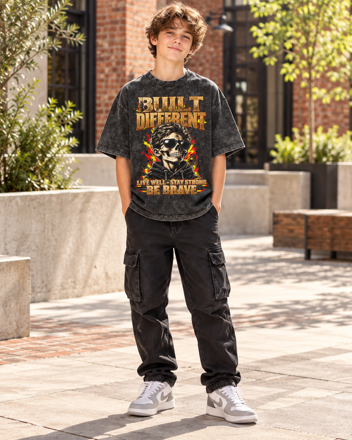 Kids & Teens Built Different: Live Well, Stay Strong, Be Brave Snow Washed Oversized Cotton T-Shirt - Image 4
