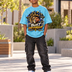 Kids & Teens Built Different: Crowned Duality Snow Washed Oversized Cotton T-Shirt